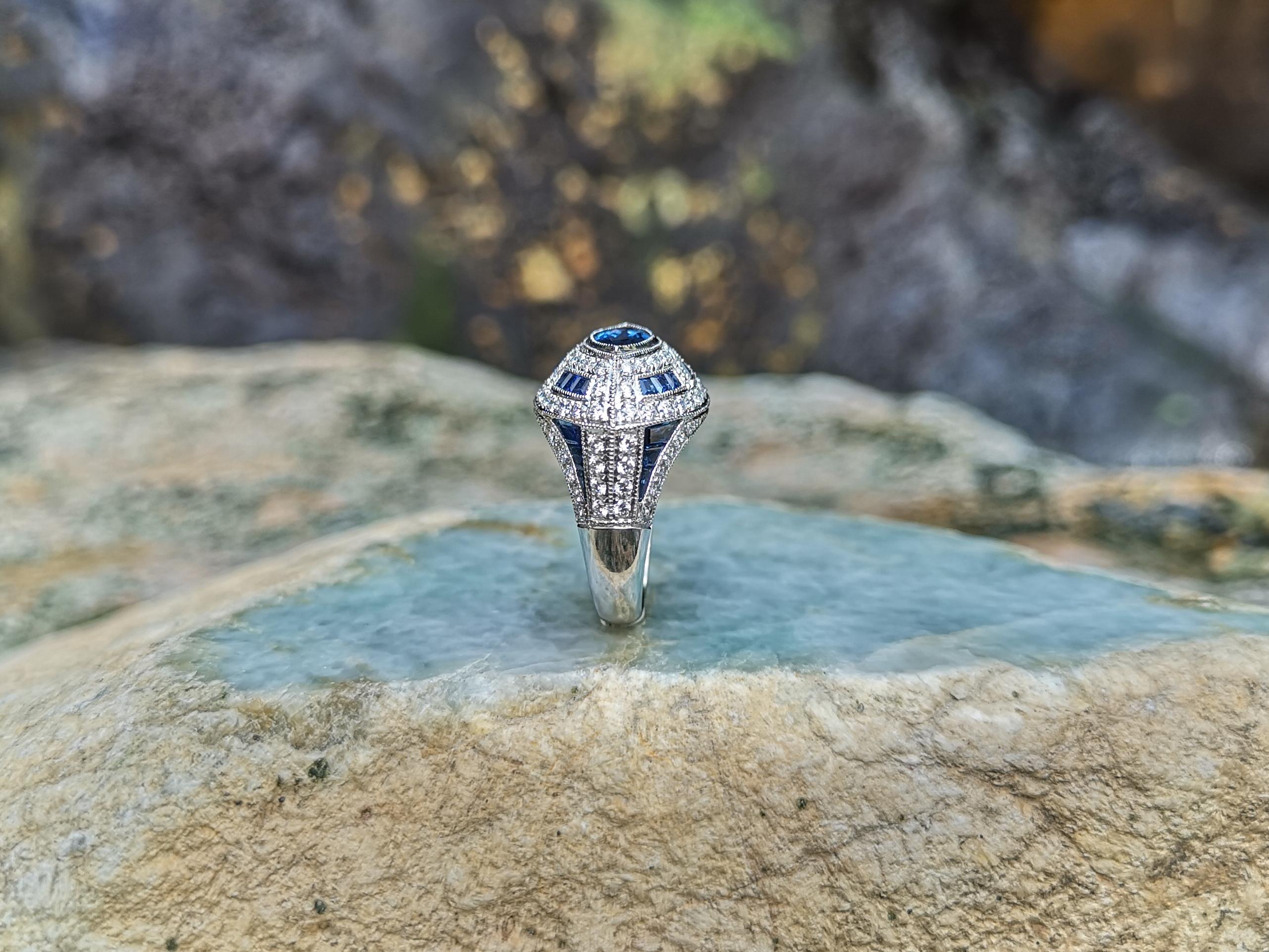 Blue Sapphire with Diamond Ring Set in 18 Karat White Gold Settings For Sale 4