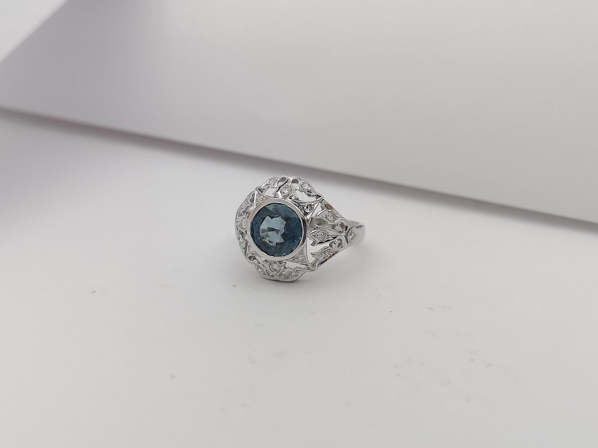 Blue Sapphire with Diamond Ring Set in 18 Karat White Gold Settings For Sale 1