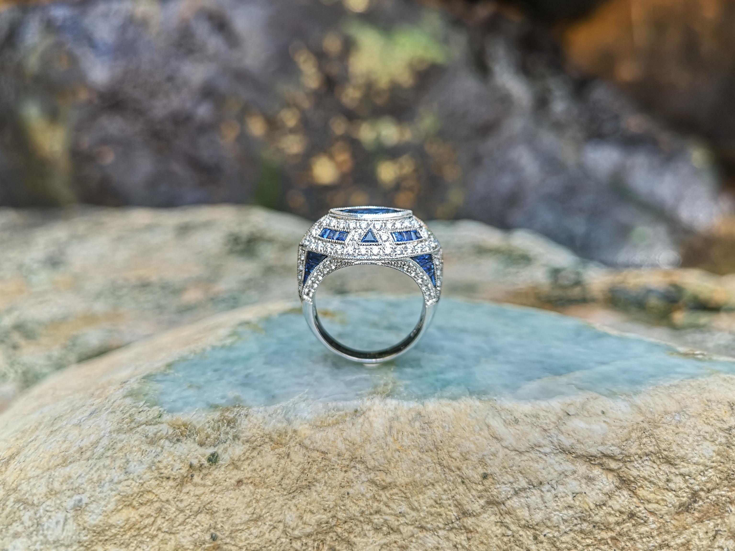 Blue Sapphire with Diamond Ring Set in 18 Karat White Gold Settings For Sale 5