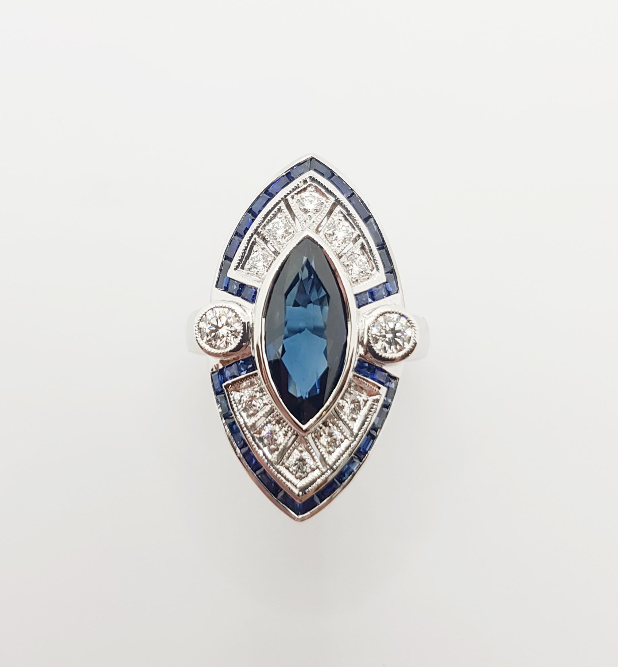 Blue Sapphire with Diamond Ring Set in 18 Karat White Gold Settings For Sale 5
