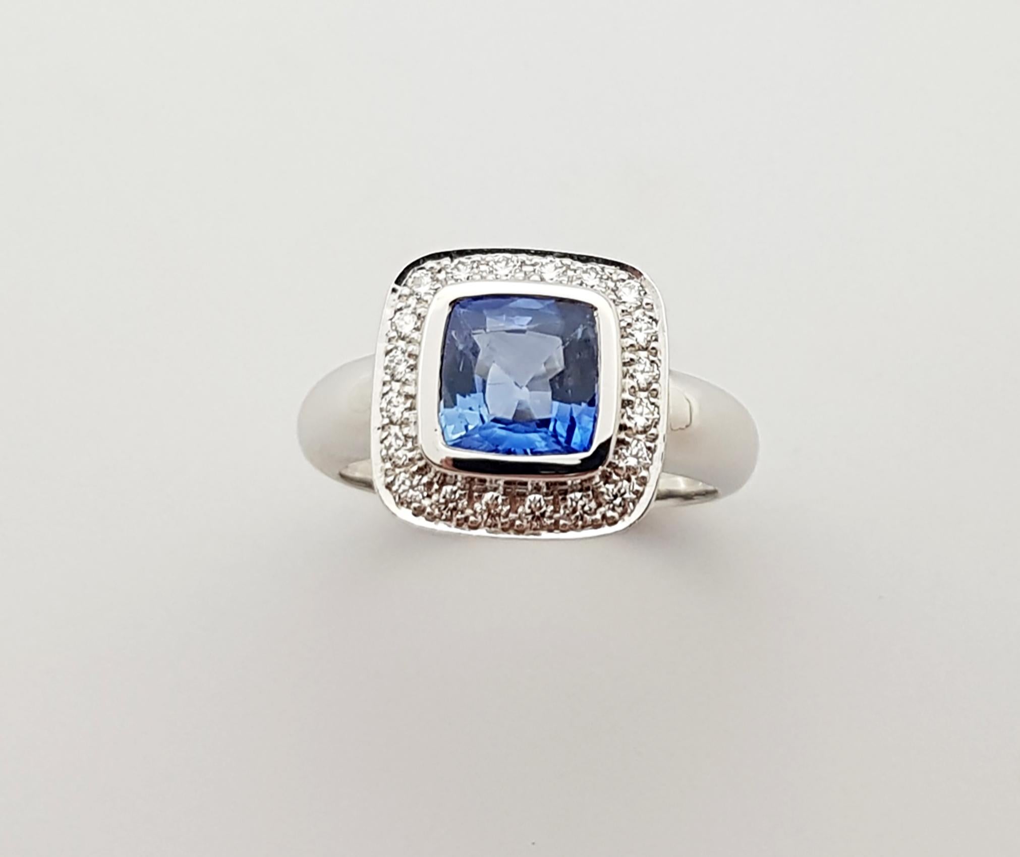 Blue Sapphire with Diamond Ring Set in 18 Karat White Gold Settings For Sale 6