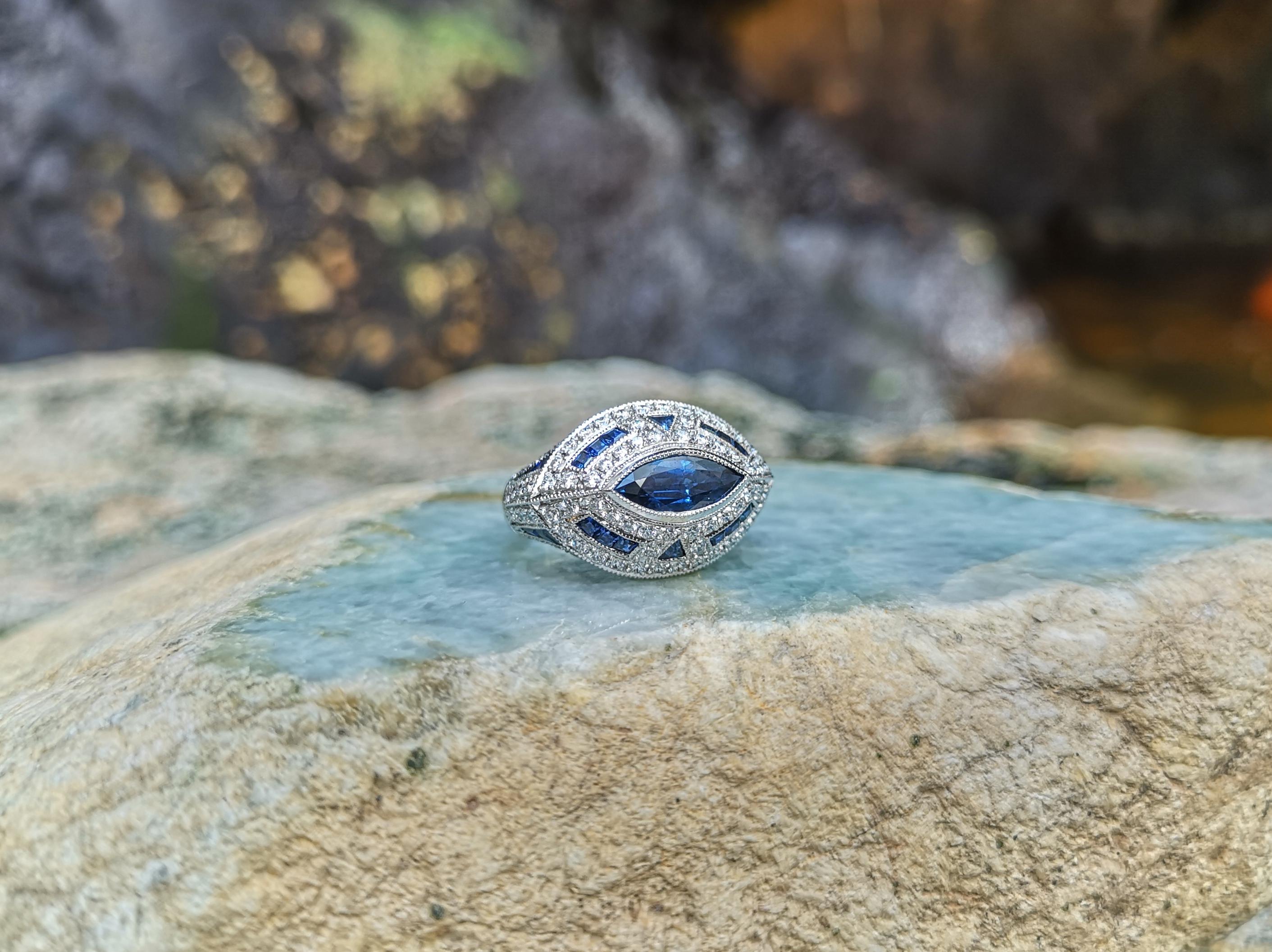 Blue Sapphire with Diamond Ring Set in 18 Karat White Gold Settings For Sale 7