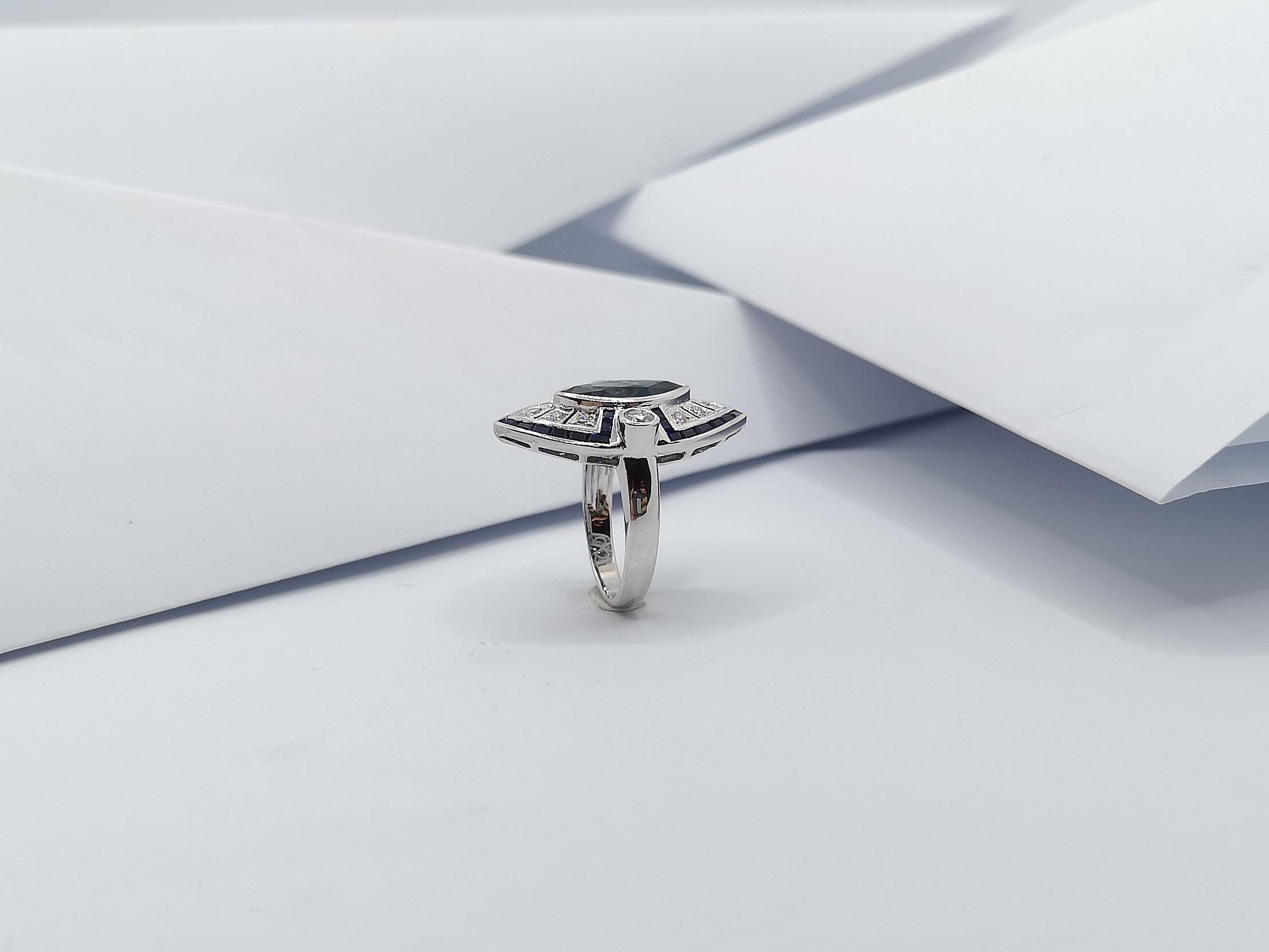 Blue Sapphire with Diamond Ring Set in 18 Karat White Gold Settings For Sale 7