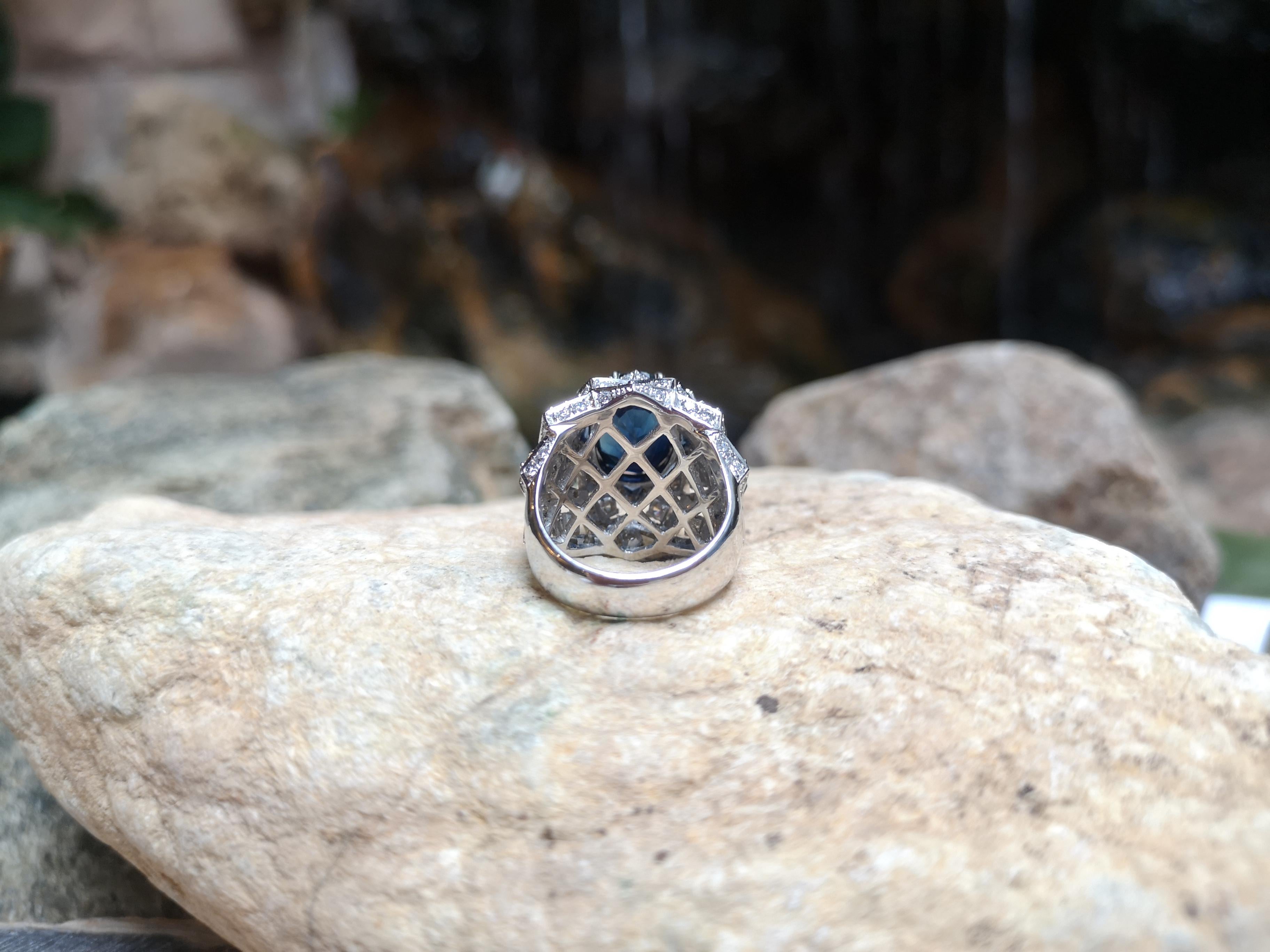 Blue Sapphire with Diamond Ring Set in 18 Karat White Gold Settings For Sale 8