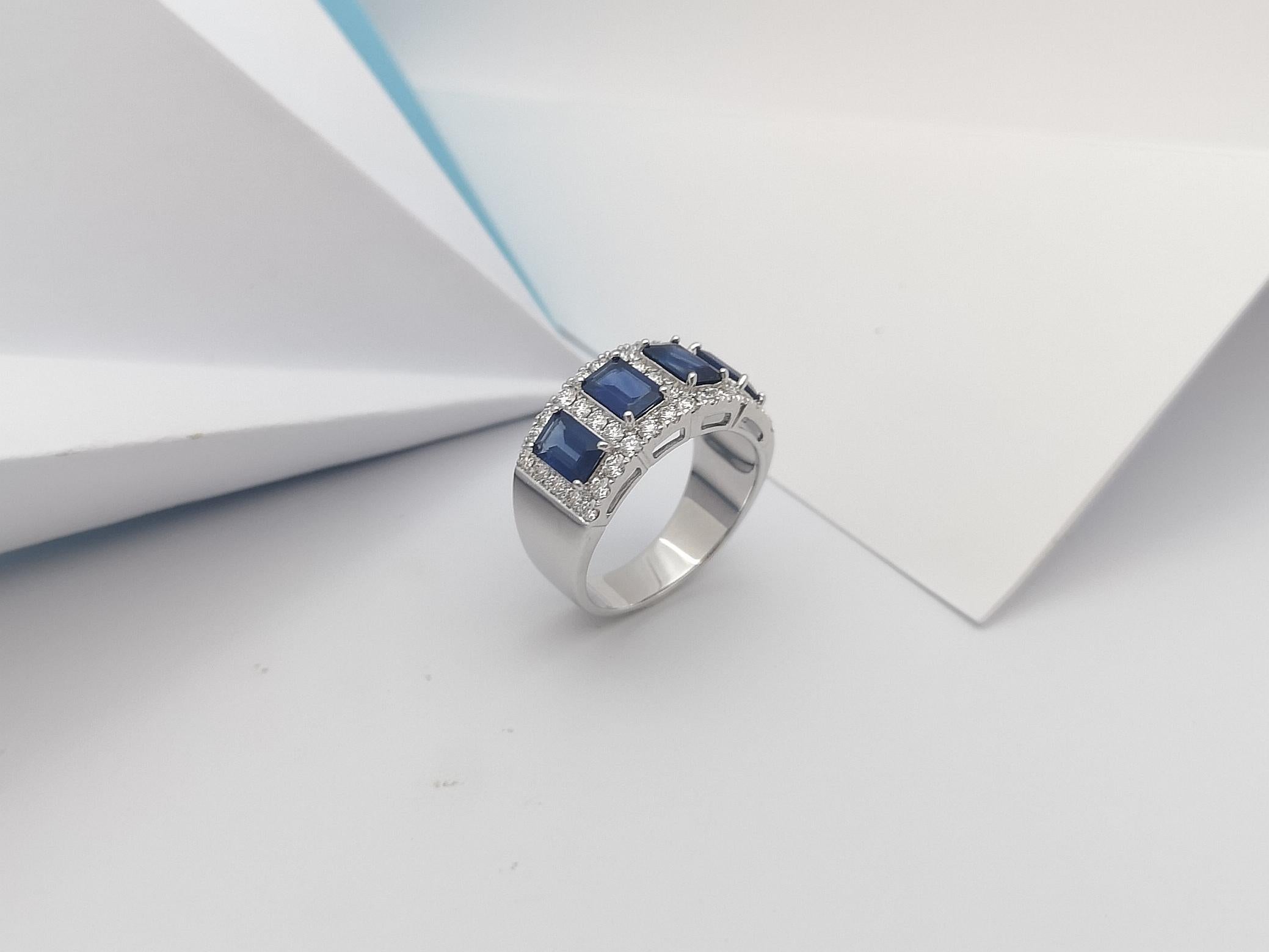 Blue Sapphire with Diamond Ring Set in 18 Karat White Gold Settings For Sale 7