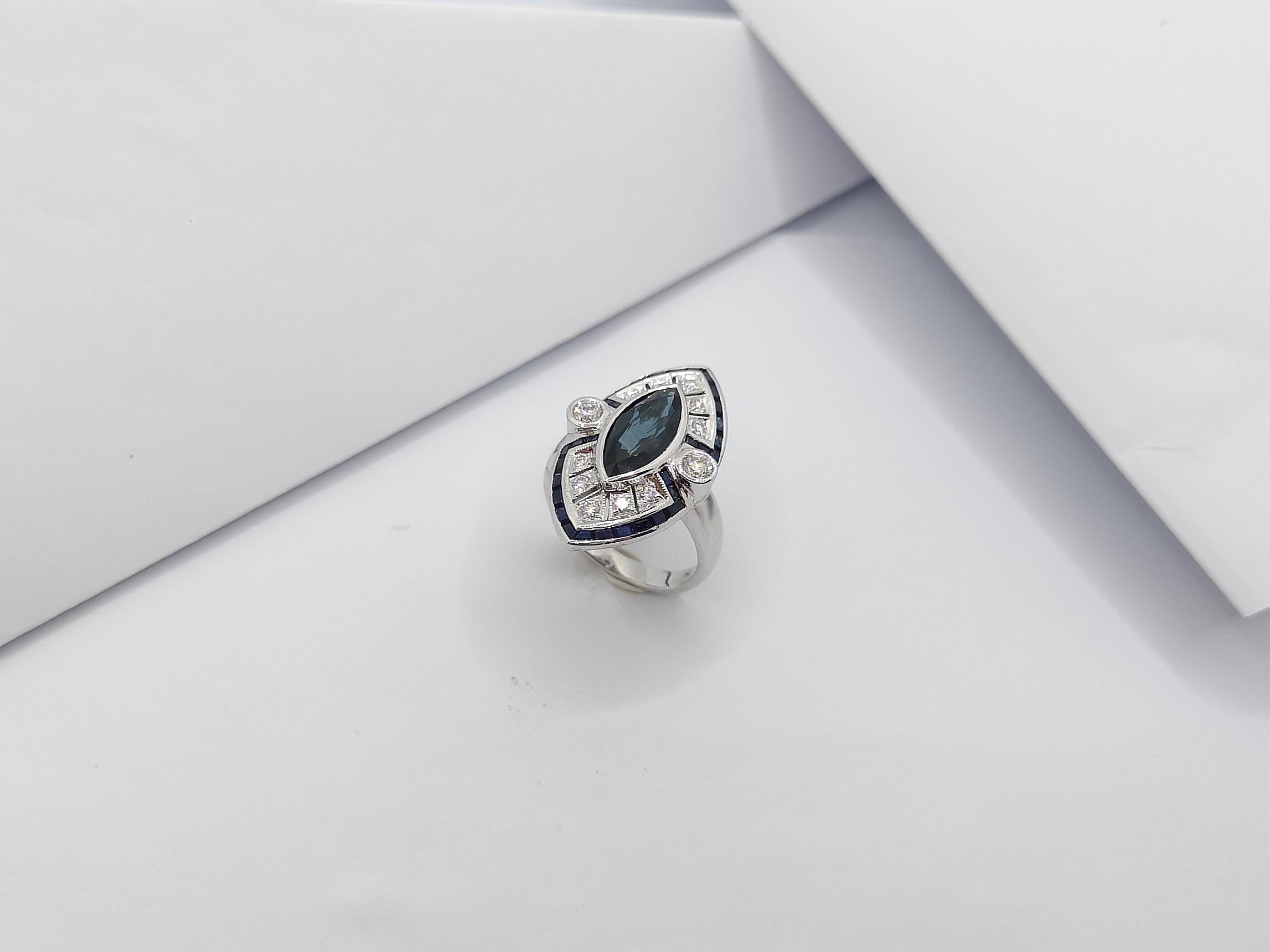Blue Sapphire with Diamond Ring Set in 18 Karat White Gold Settings For Sale 9