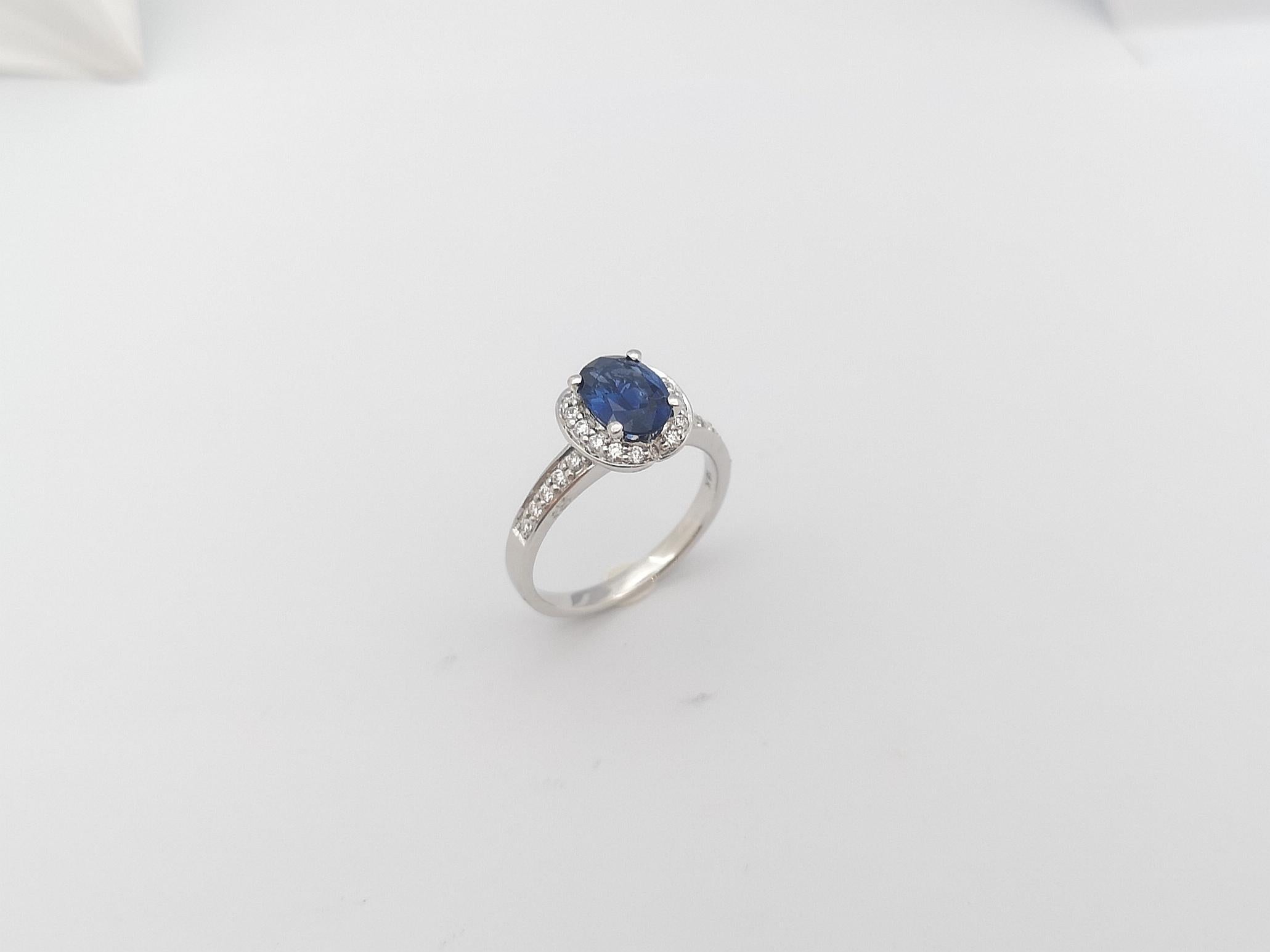 Blue Sapphire with Diamond Ring Set in 18 Karat White Gold Settings For Sale 9