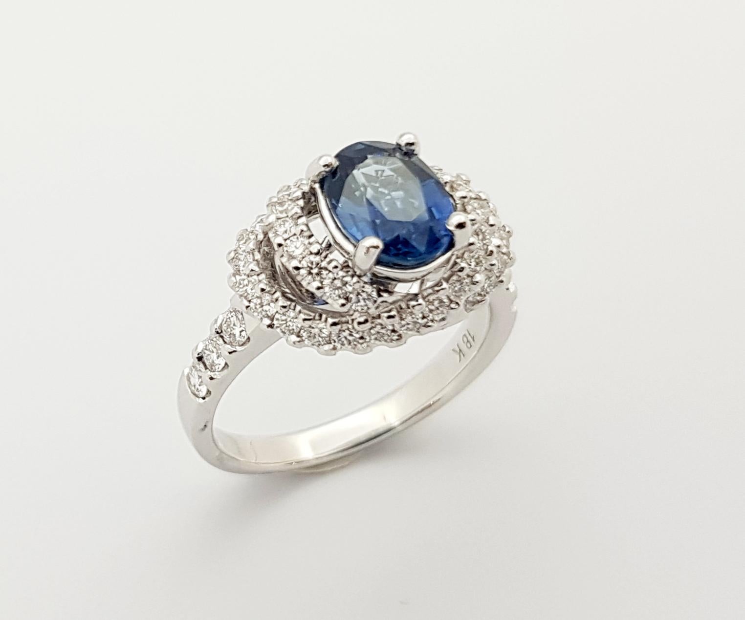 Blue Sapphire with Diamond Ring Set in 18 Karat White Gold Settings For Sale 9