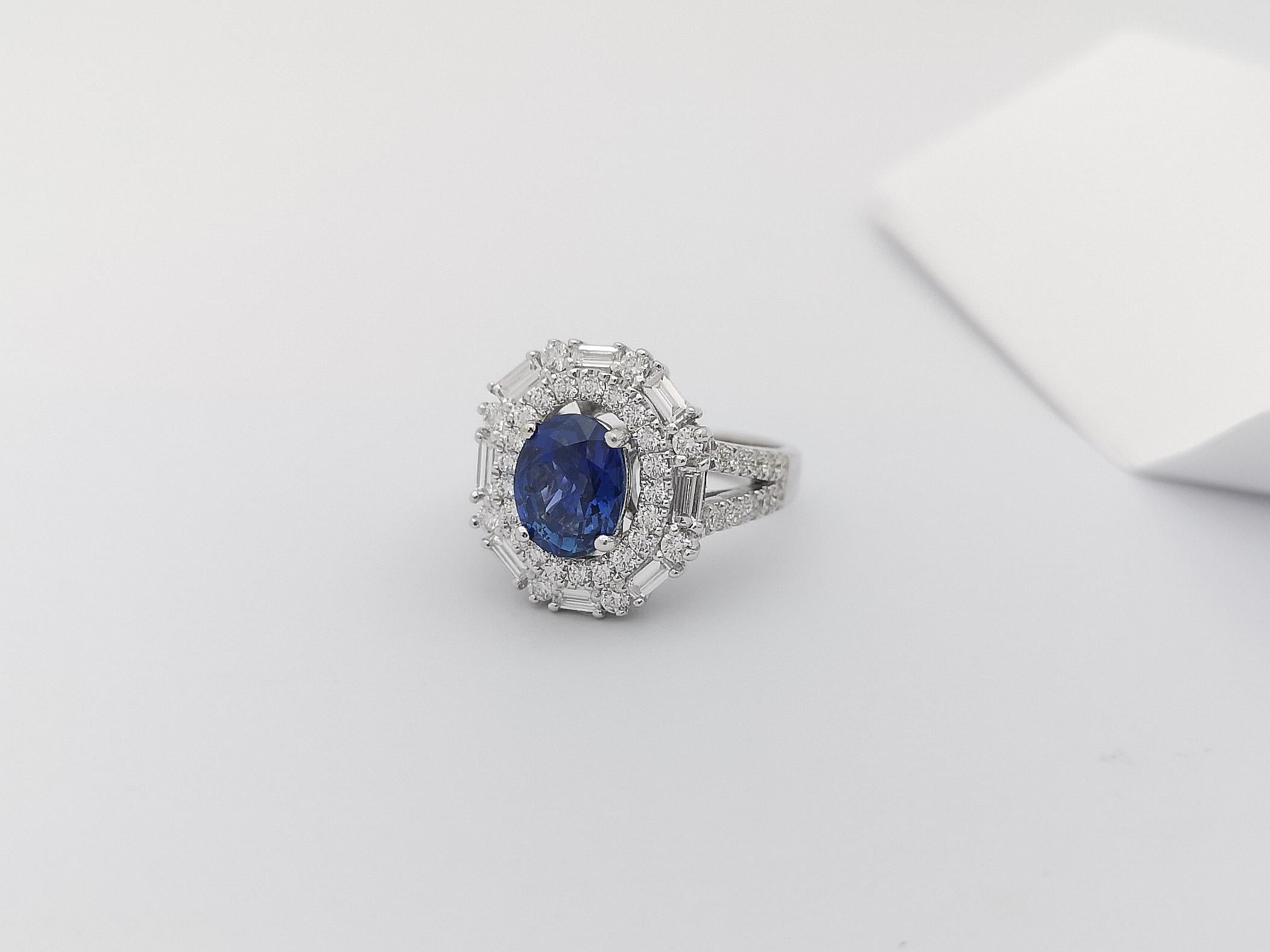 Blue Sapphire with Diamond Ring Set in 18 Karat White Gold Settings For Sale 10
