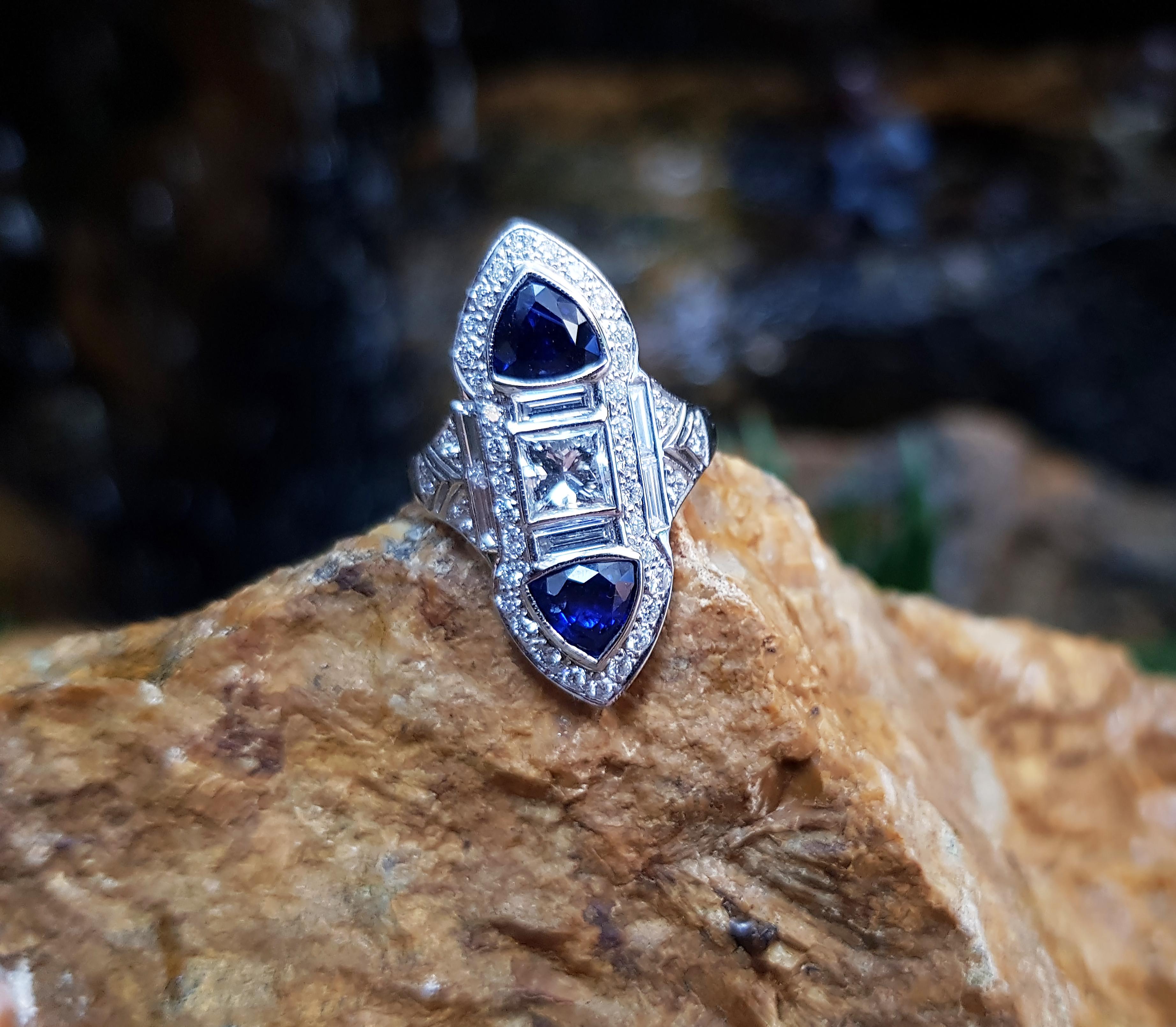 Trillion Cut Blue Sapphire with Diamond Ring Set in 18 Karat White Gold Settings For Sale