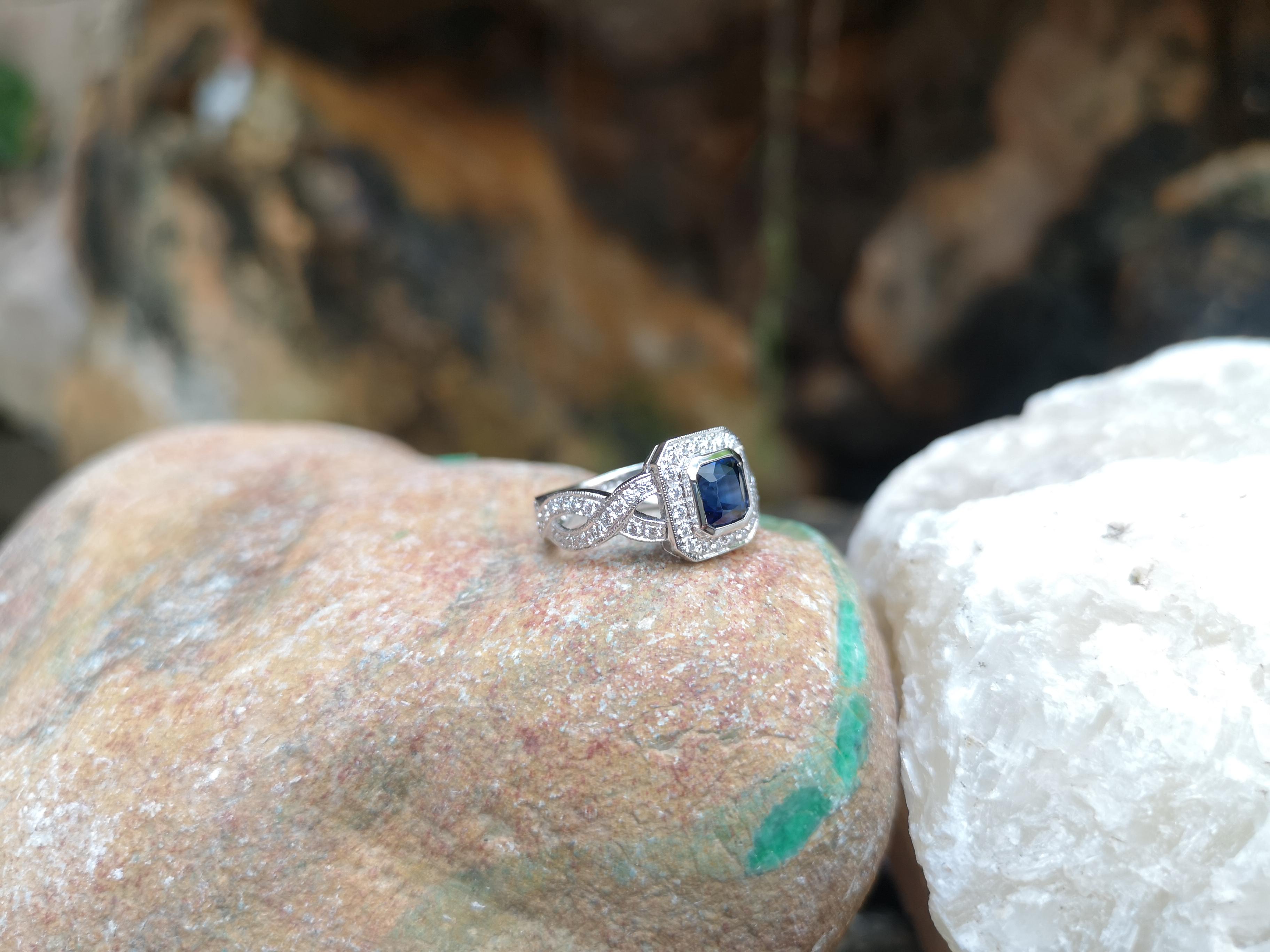 Art Deco Blue Sapphire with Diamond Ring Set in 18 Karat White Gold Settings For Sale