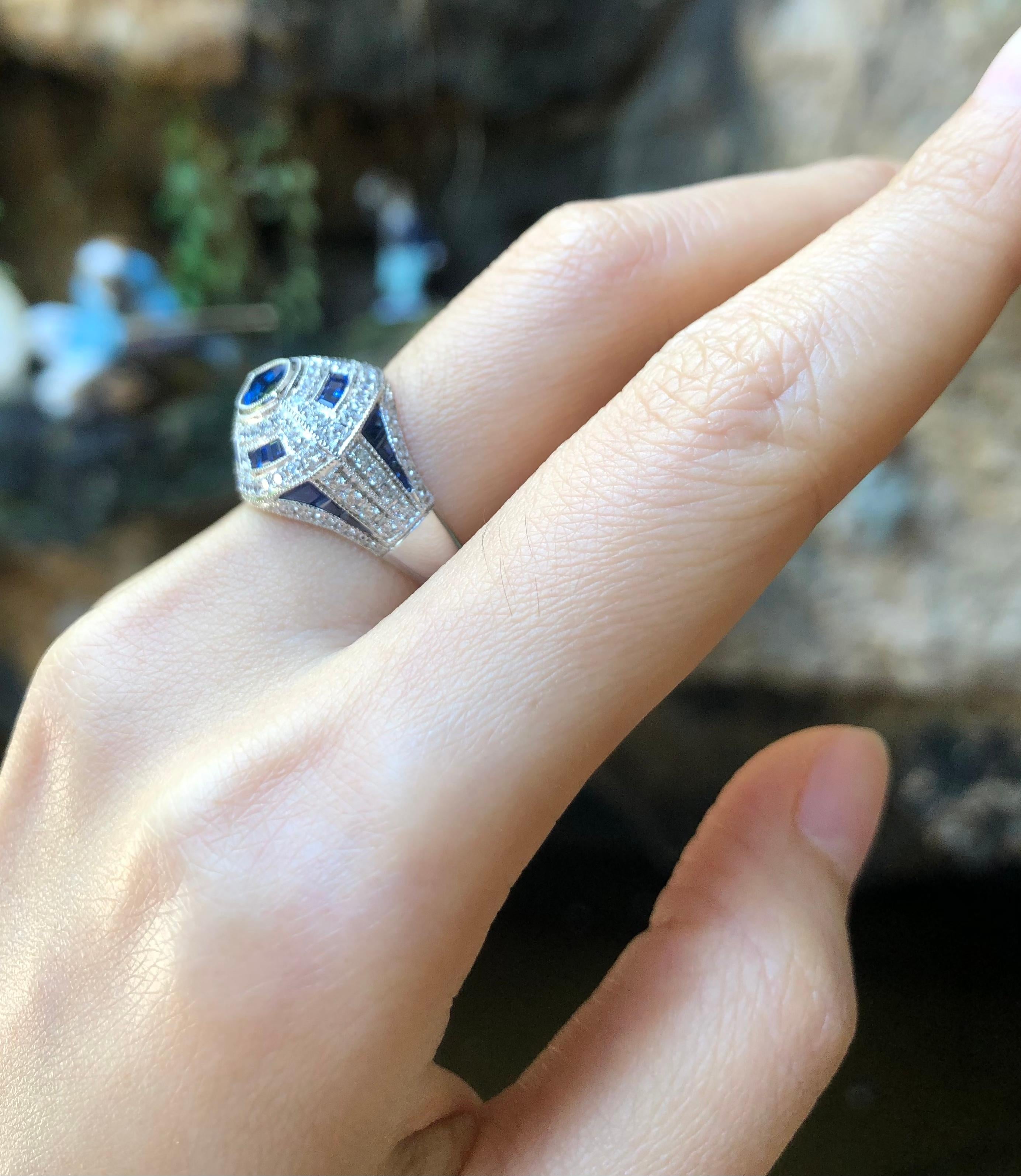 Art Deco Blue Sapphire with Diamond Ring Set in 18 Karat White Gold Settings For Sale