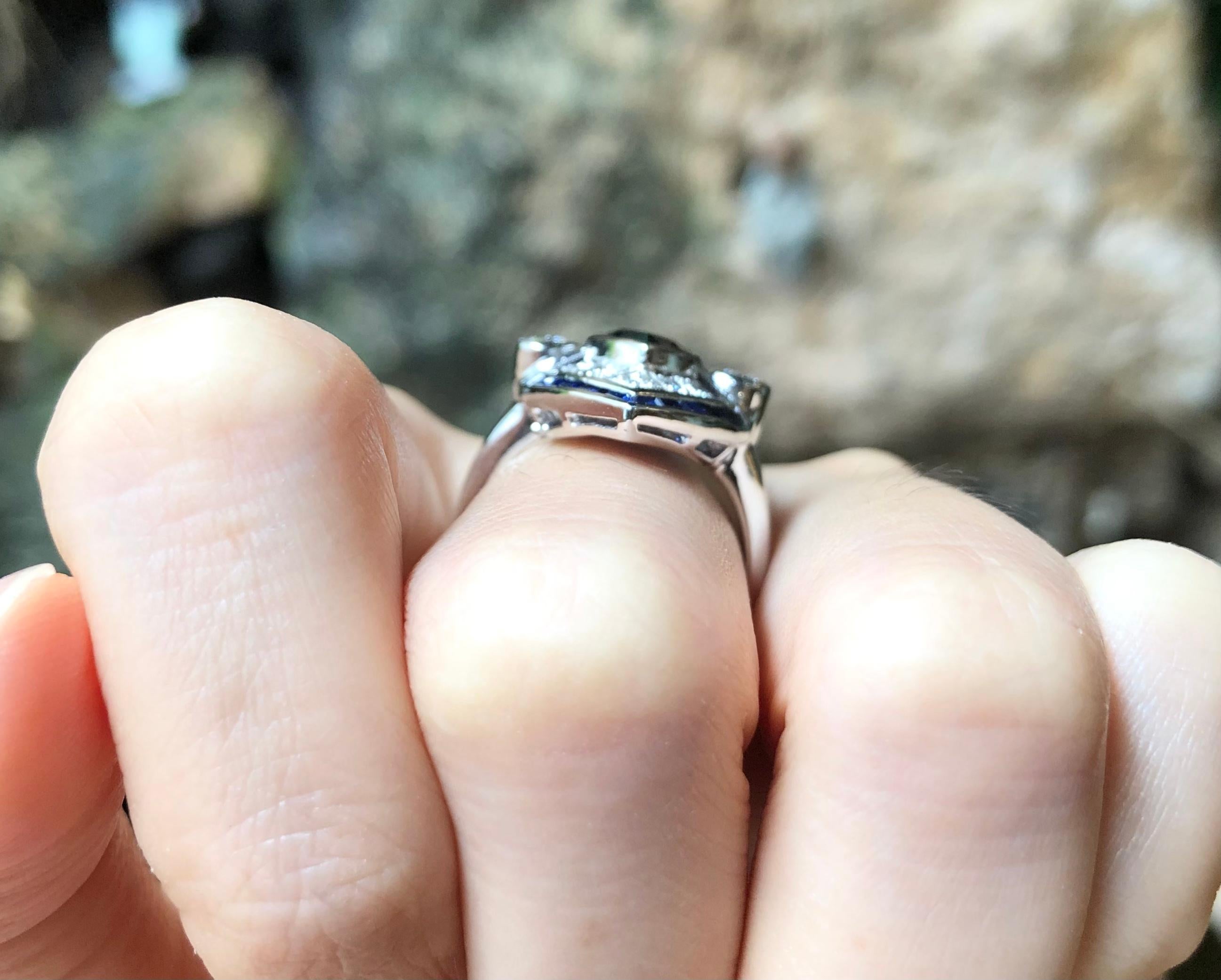 Art Deco Blue Sapphire with Diamond Ring Set in 18 Karat White Gold Settings For Sale