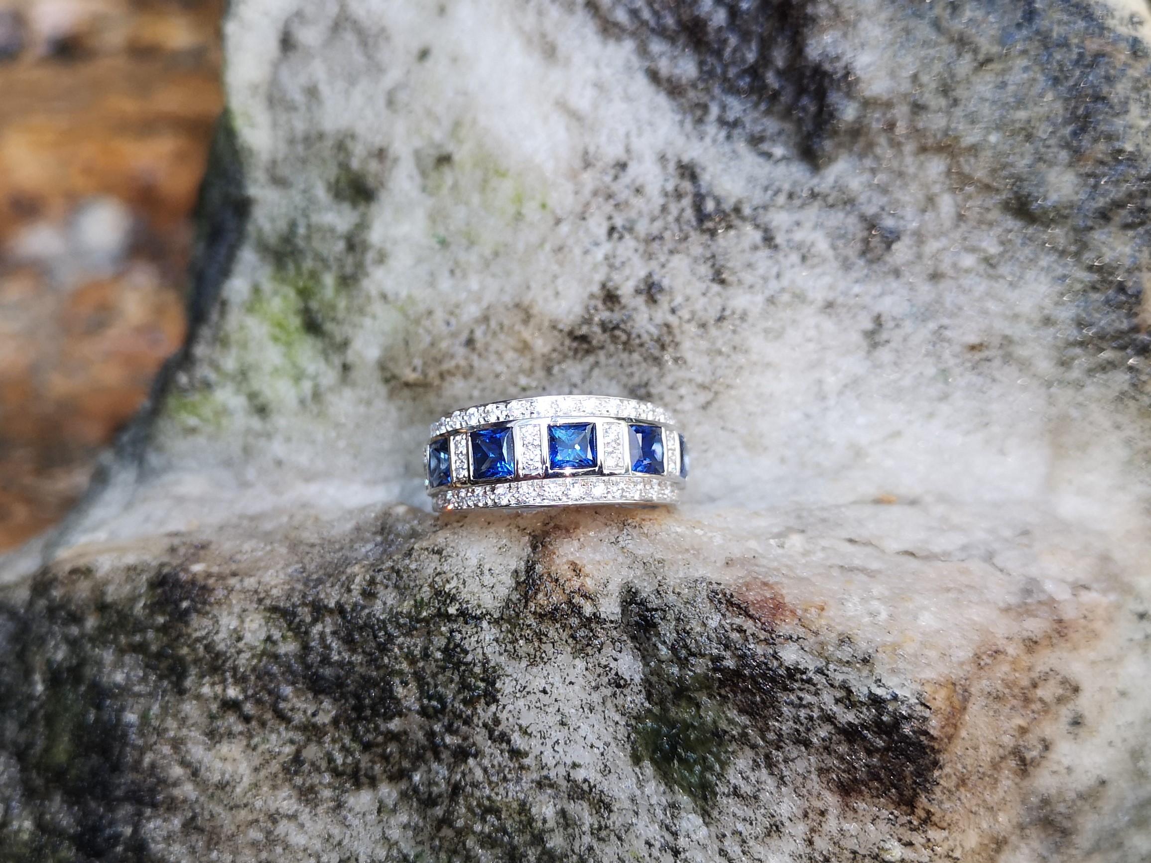 Princess Cut Blue Sapphire with Diamond Ring Set in 18 Karat White Gold Settings For Sale