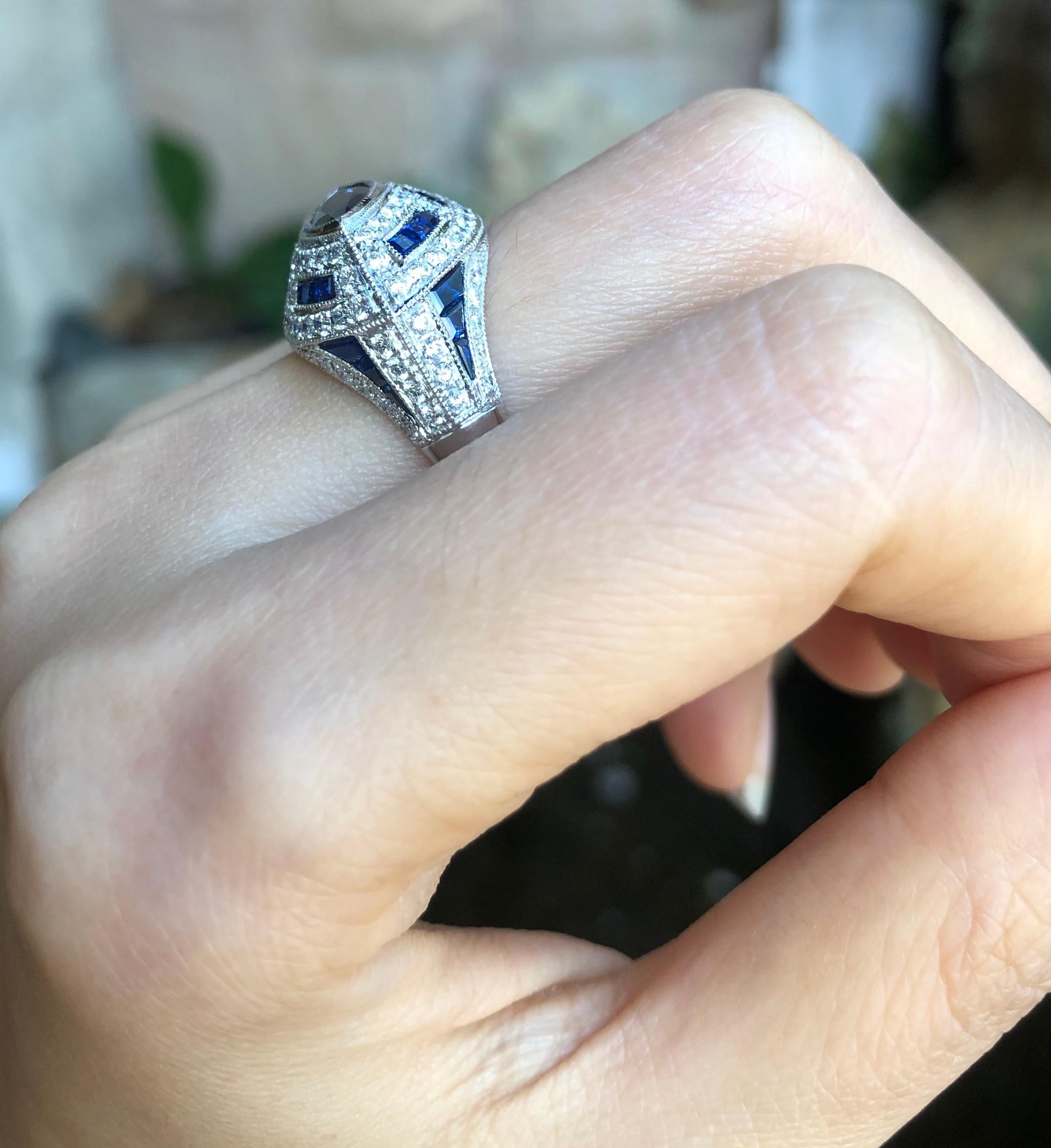 Mixed Cut Blue Sapphire with Diamond Ring Set in 18 Karat White Gold Settings For Sale