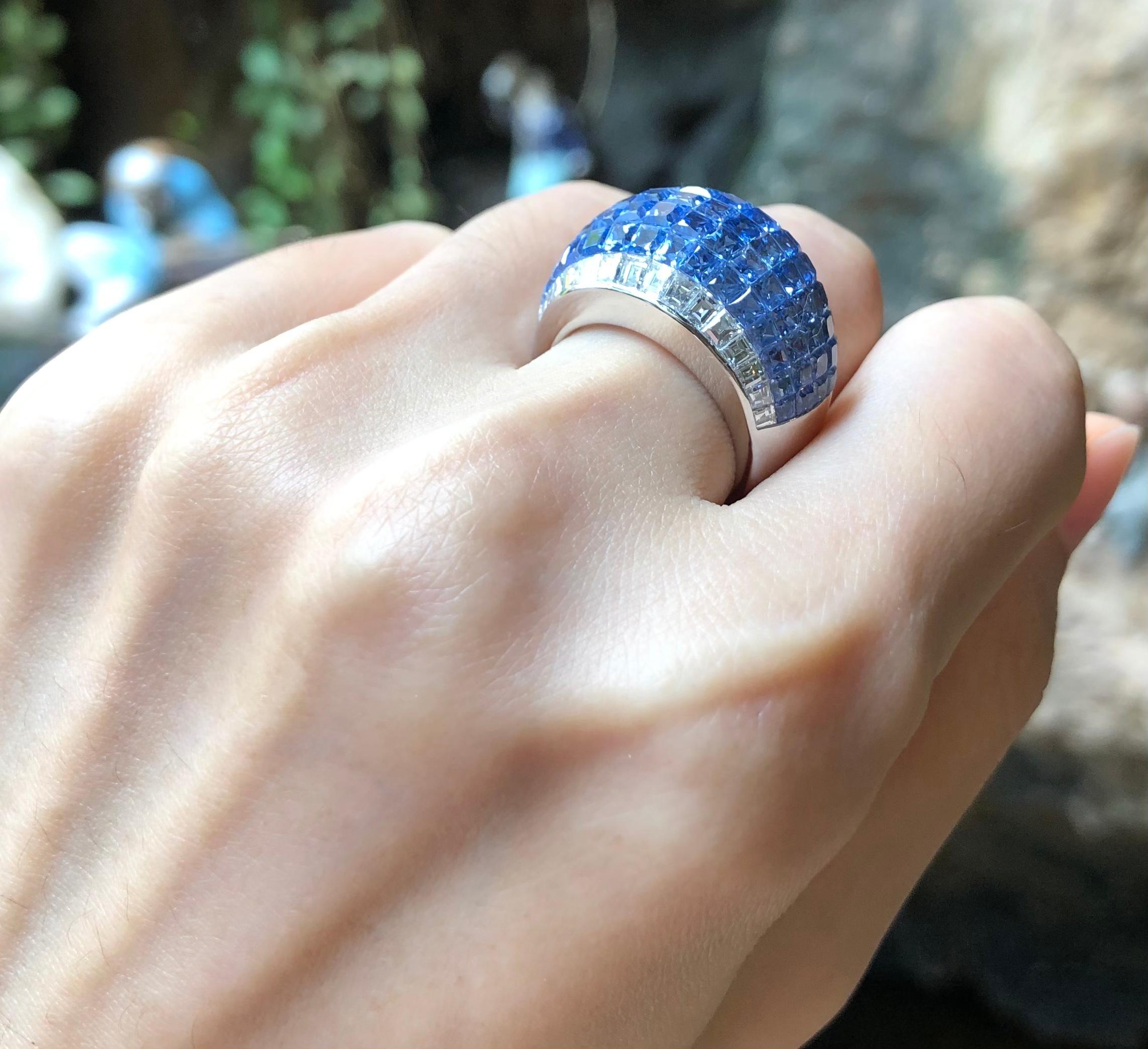 Princess Cut Blue Sapphire with Diamond Ring set in 18 Karat White Gold Settings For Sale