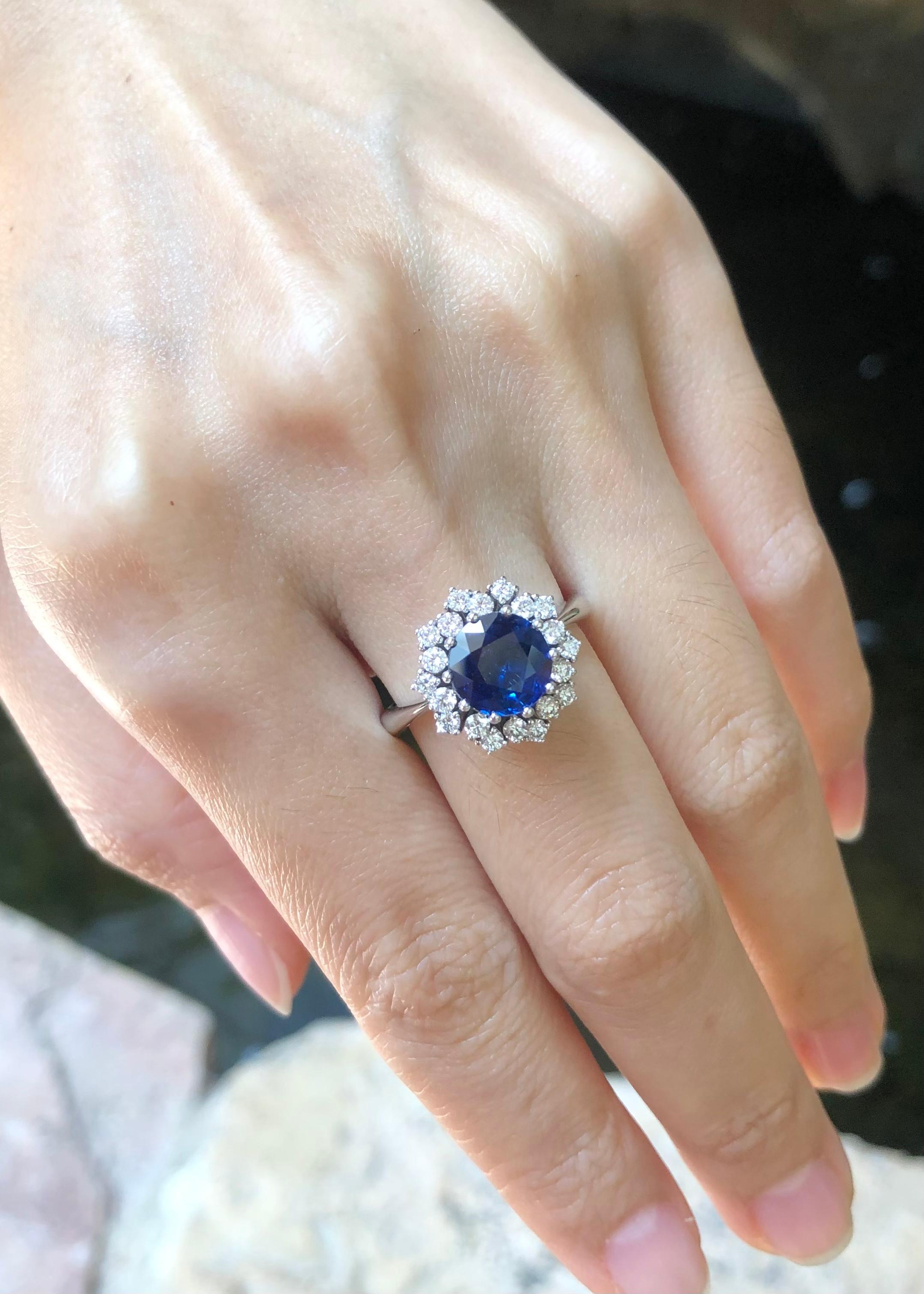 Blauer Saphir mit Diamantring aus 18 Karat Weißgold in Fassungen (Rundschliff) im Angebot