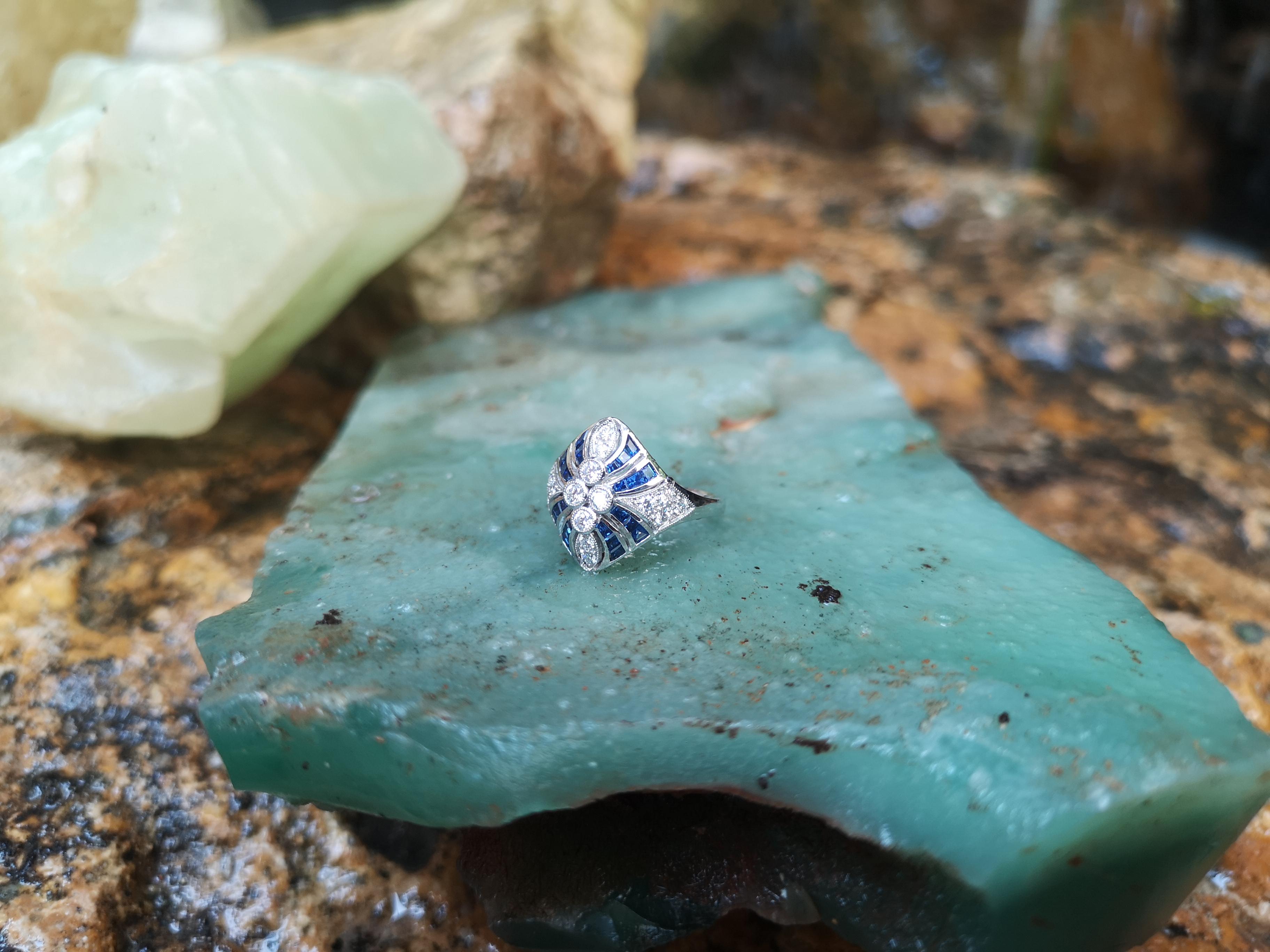 Square Cut Blue Sapphire with Diamond Ring Set in 18 Karat White Gold Settings For Sale
