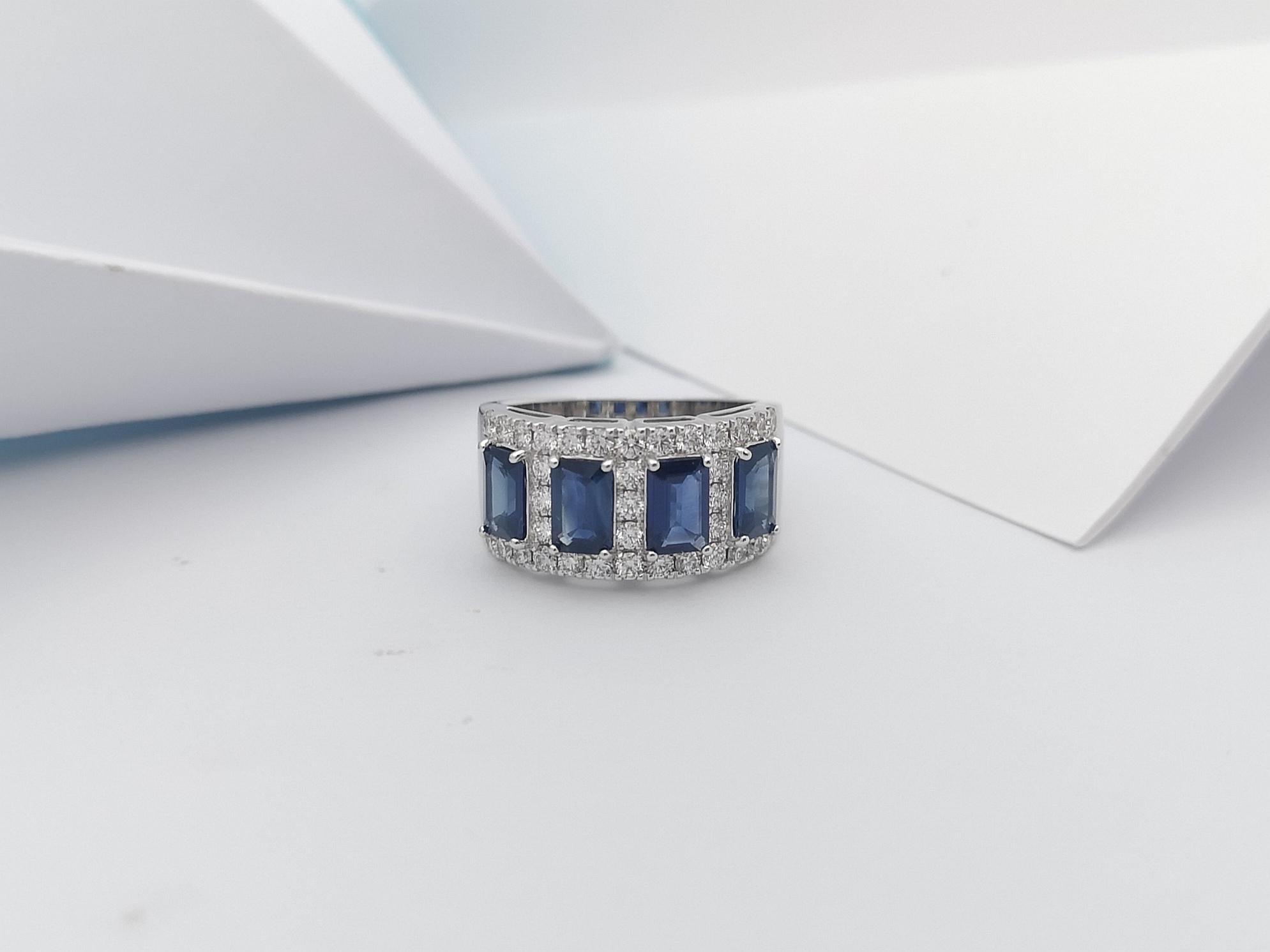 Women's or Men's Blue Sapphire with Diamond Ring Set in 18 Karat White Gold Settings For Sale