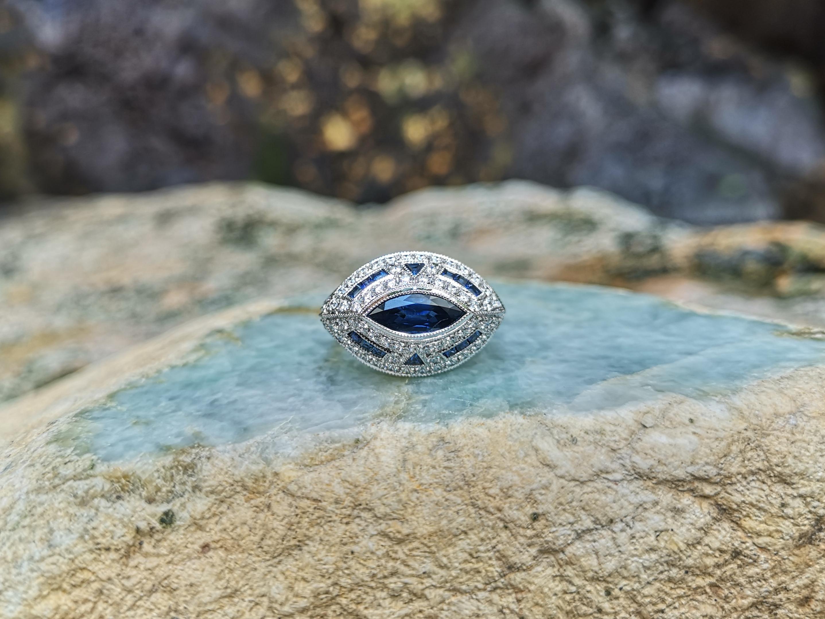 Blue Sapphire with Diamond Ring Set in 18 Karat White Gold Settings For Sale 2
