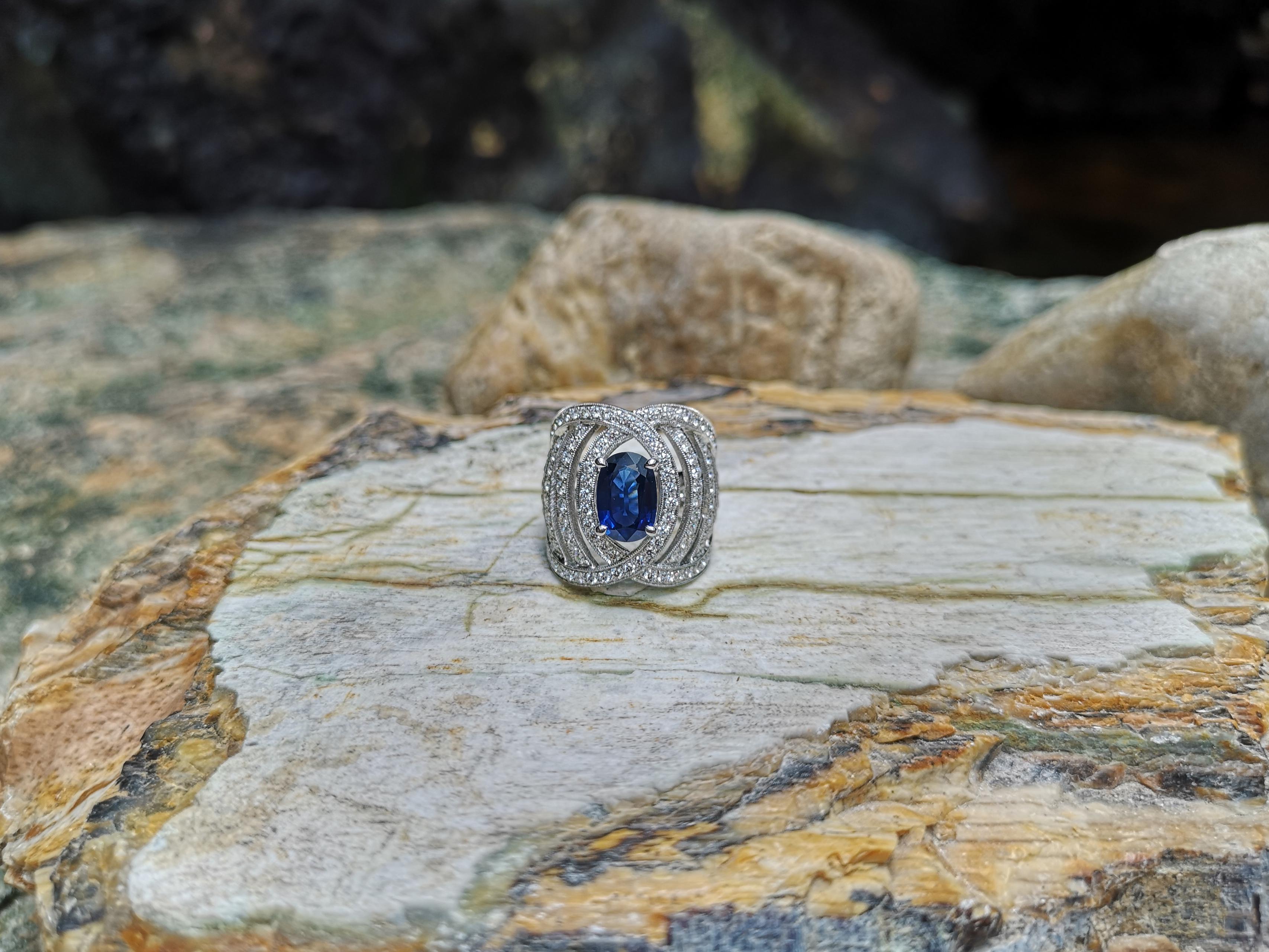 Blue Sapphire with Diamond Ring Set in 18 Karat White Gold Settings For Sale 2