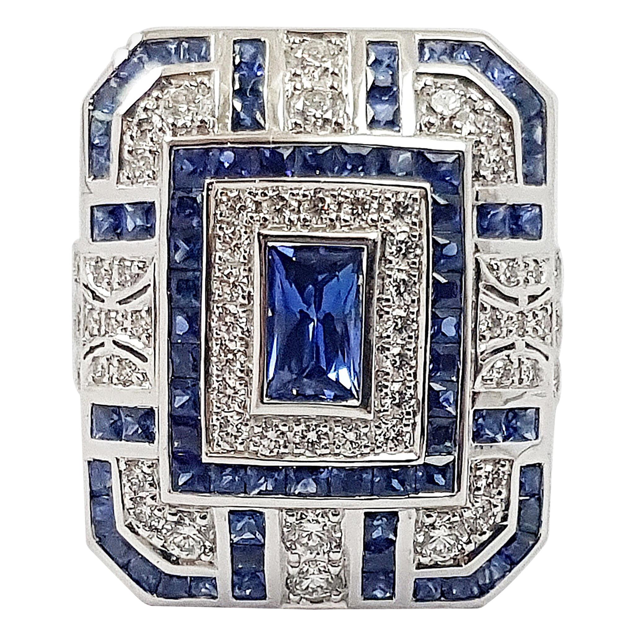 Blue Sapphire with Diamond Ring Set in 18 Karat White Gold Settings