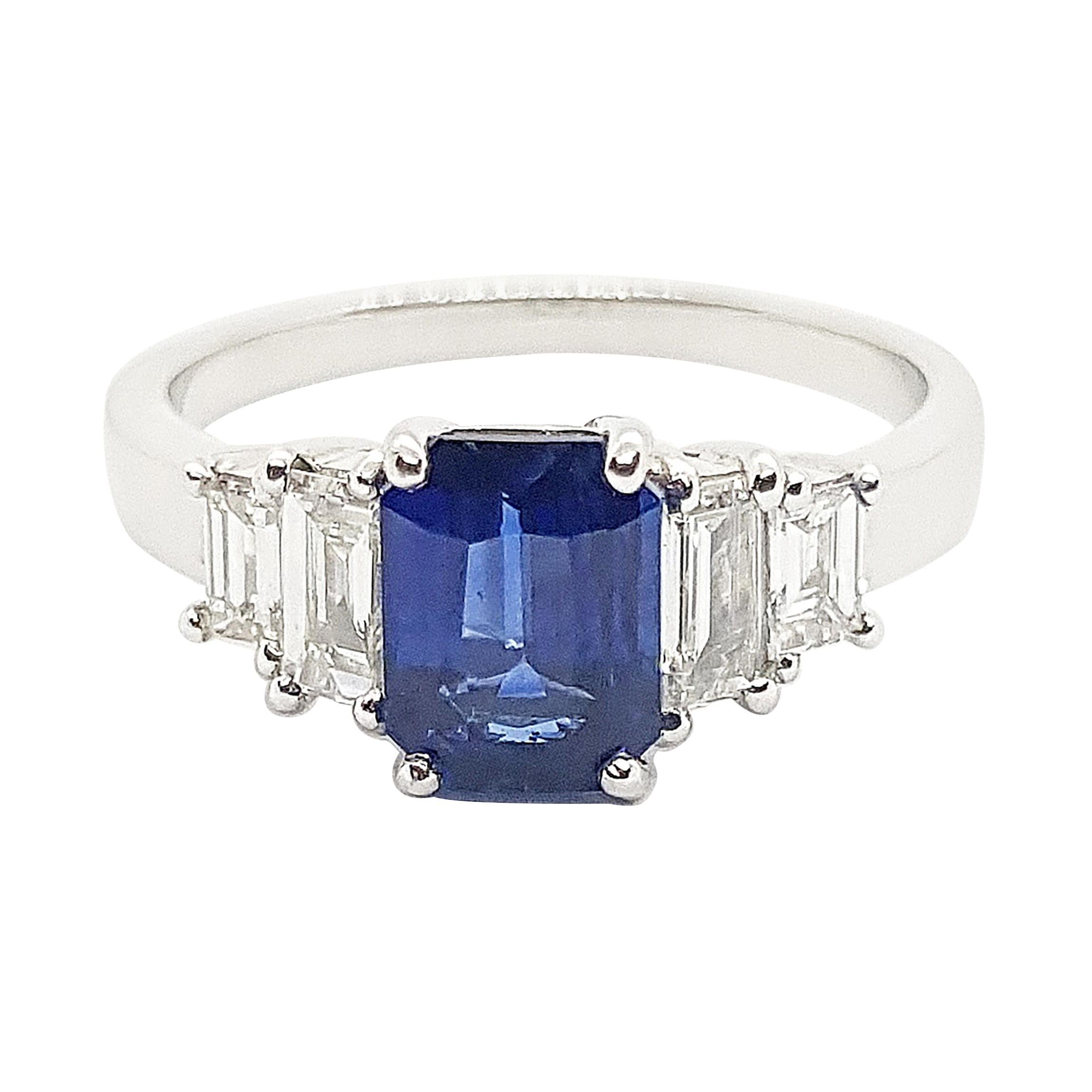 Blue Sapphire with Diamond Ring Set in 18 Karat White Gold Settings