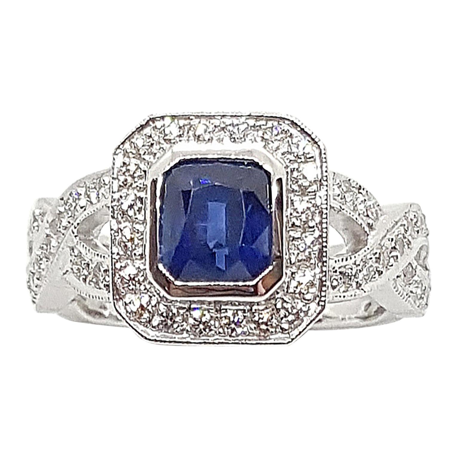 Blue Sapphire with Diamond Ring Set in 18 Karat White Gold Settings For Sale