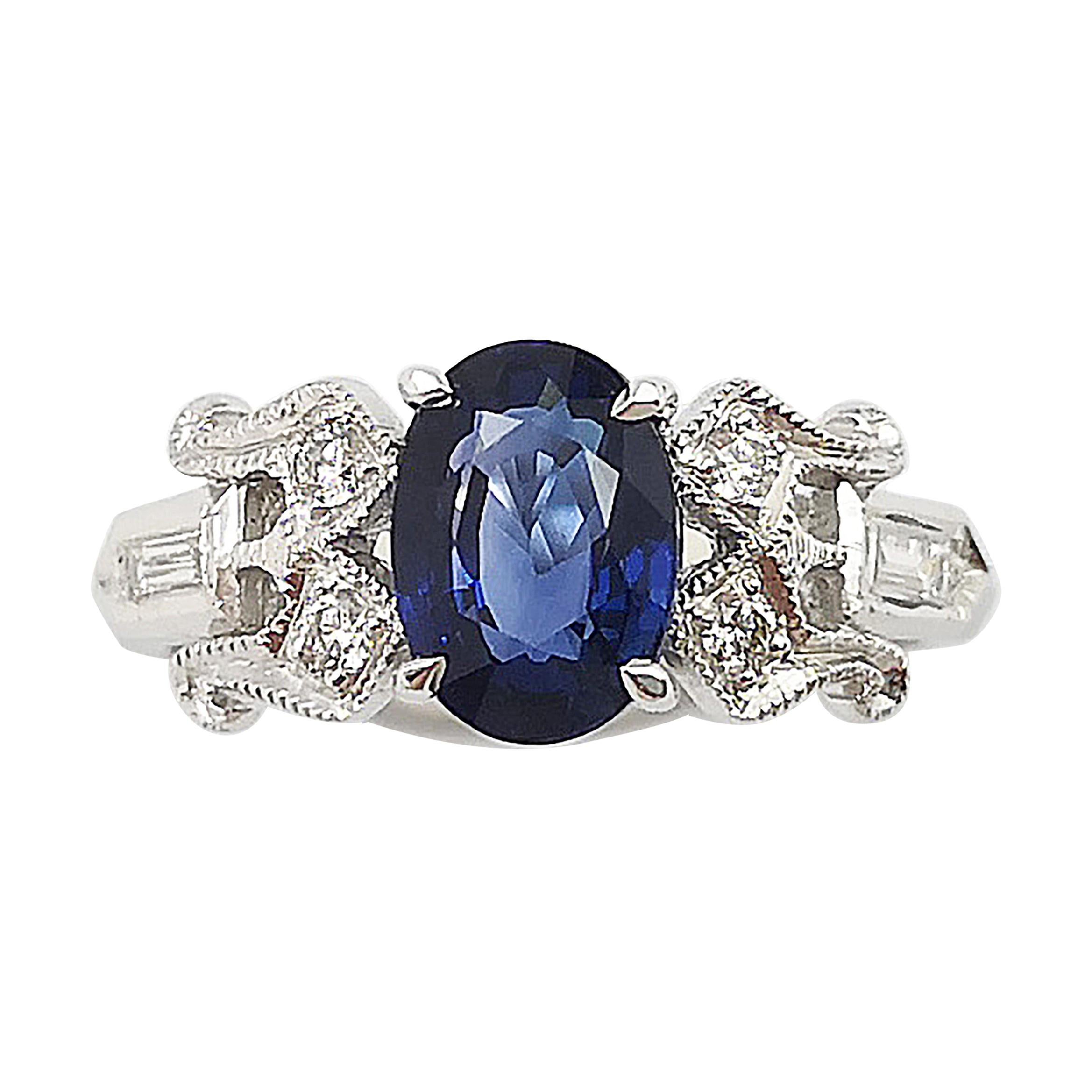 Blue Sapphire with Diamond Ring Set in 18 Karat White Gold Settings For Sale