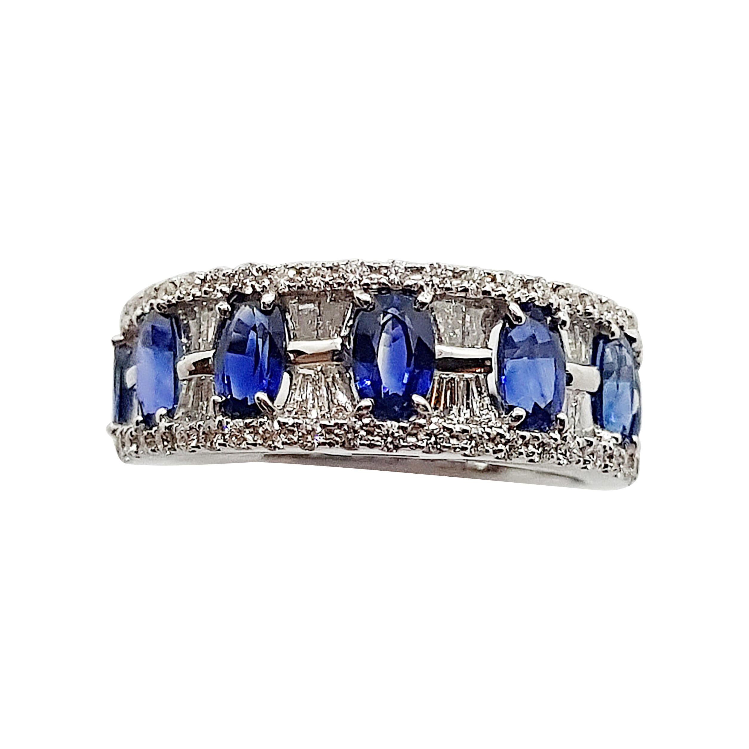 Blue Sapphire with Diamond Ring Set in 18 Karat White Gold Settings For Sale