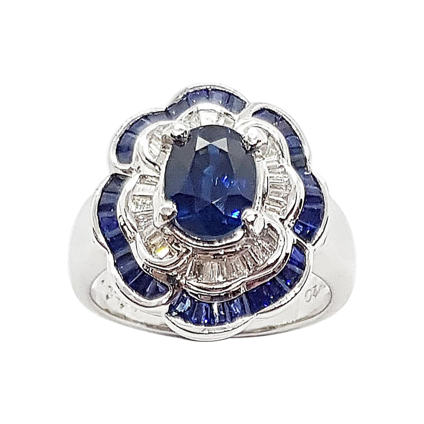 Blue Sapphire with Diamond Ring Set in 18 Karat White Gold Settings For Sale