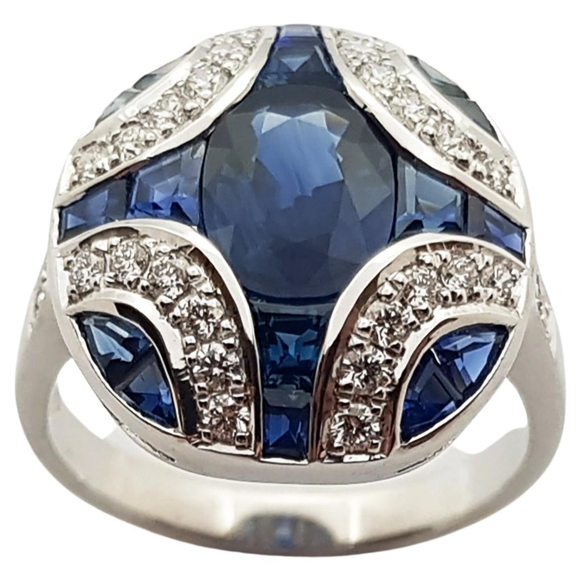 Blue Sapphire with Diamond Ring Set in 18 Karat White Gold Settings For Sale