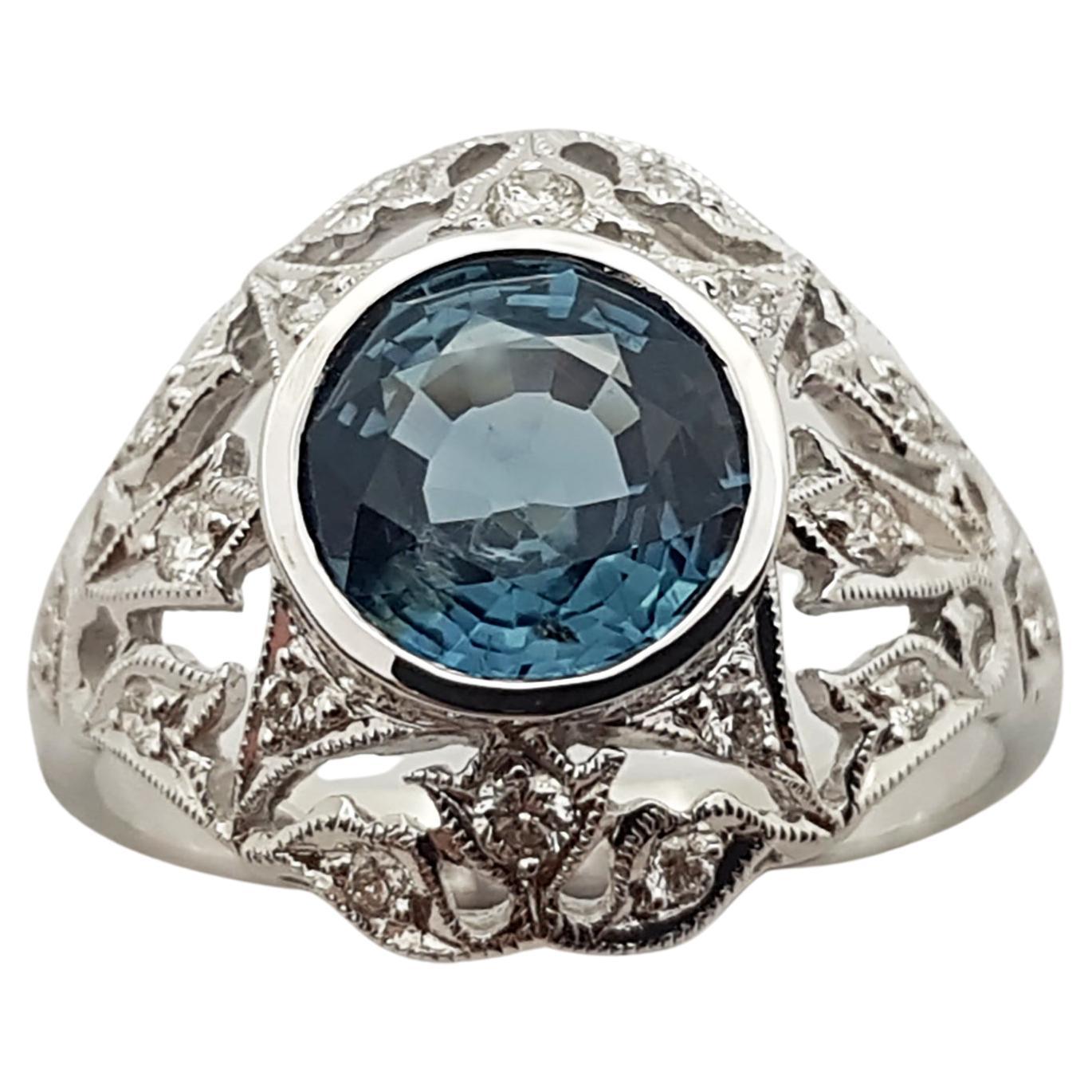 Blue Sapphire with Diamond Ring Set in 18 Karat White Gold Settings For Sale