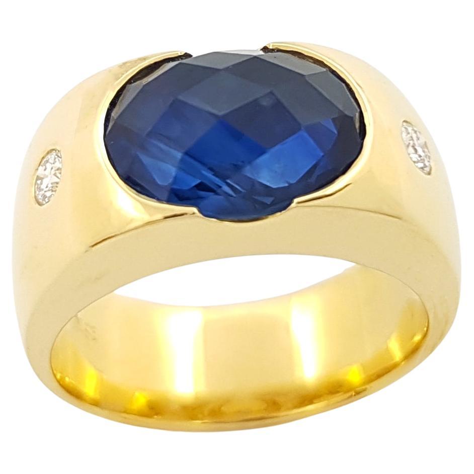 Bague en or 18 carats avec saphir bleu et diamant en vente