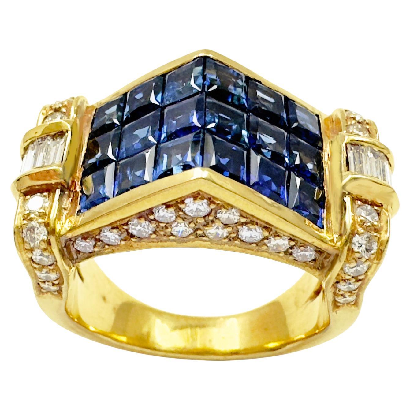 Blauer Saphir mit Diamantring in 18 Karat Goldfassungen gefasst