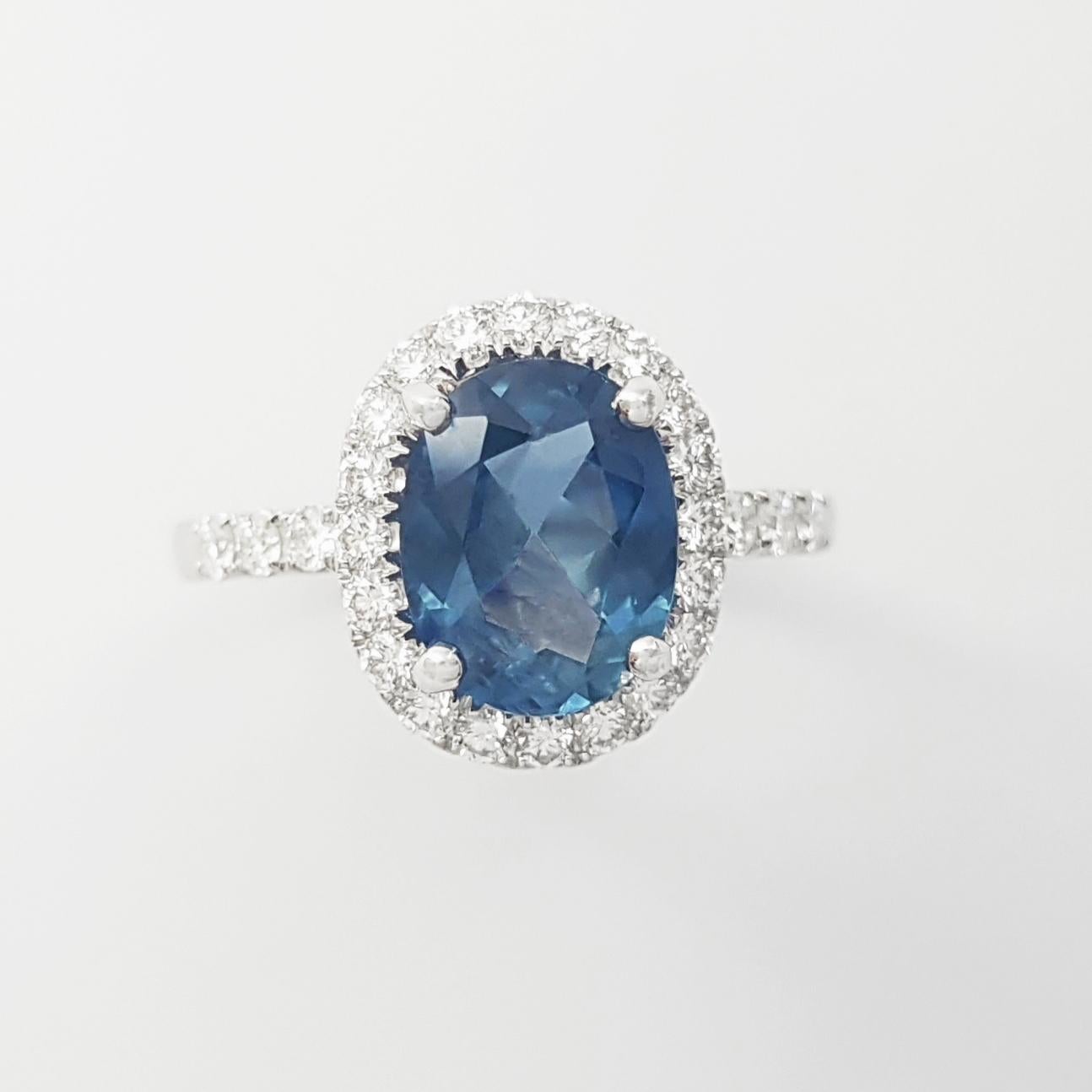 Blue Sapphire with Diamond Ring set in 18K White Gold Settings For Sale 6