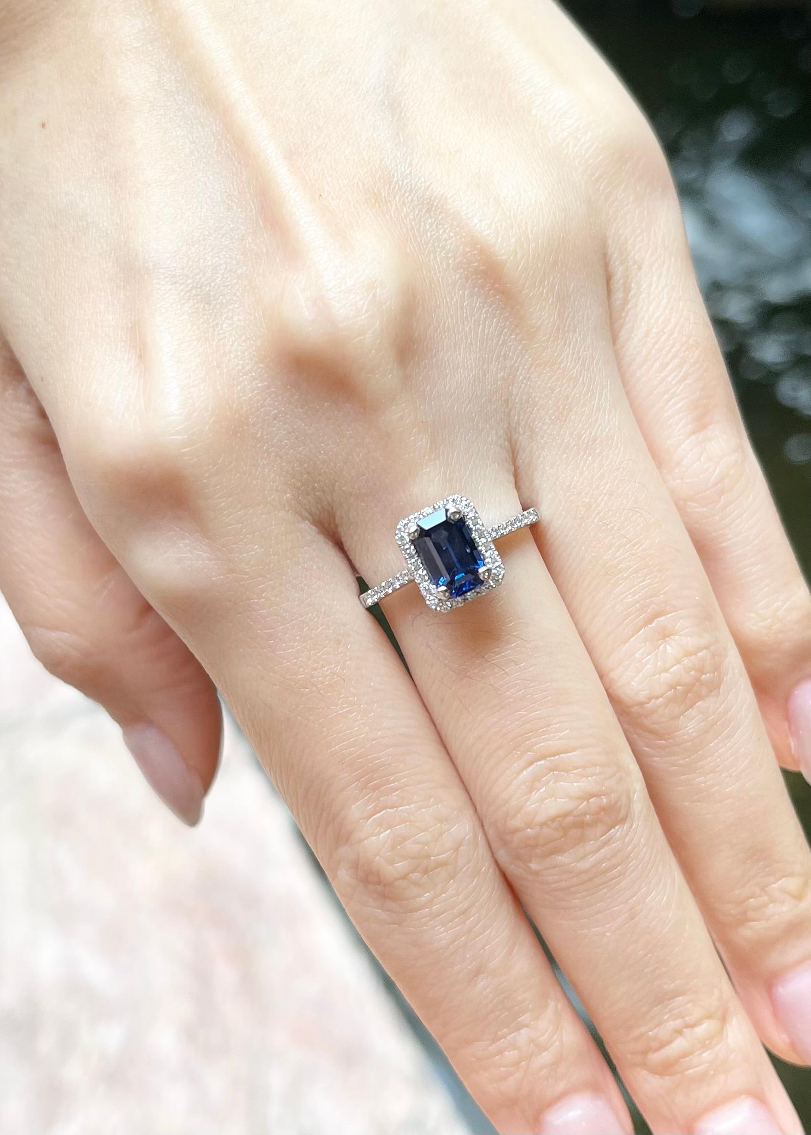 Emerald Cut Blue Sapphire with Diamond Ring set in 18K White Gold Settings For Sale