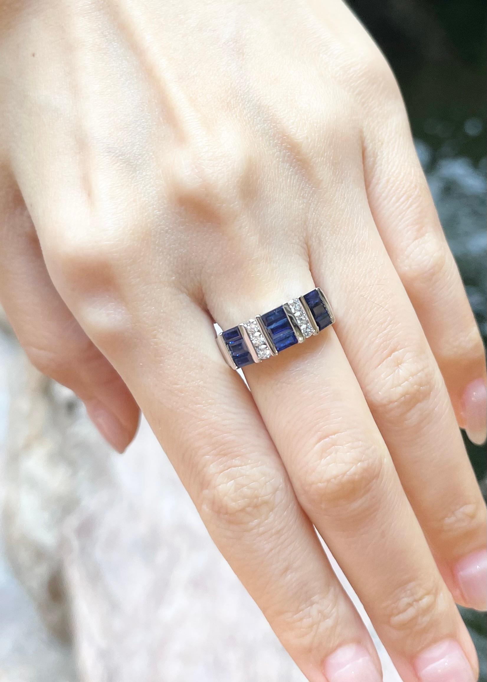 Baguette Cut Blue Sapphire with Diamond Ring set in 18K White Gold Settings For Sale