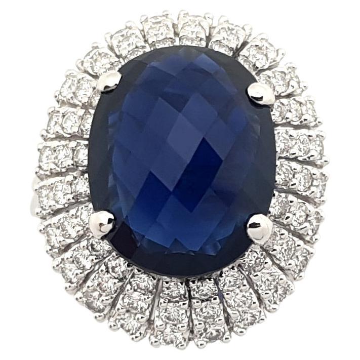 Blue Sapphire with Diamond Ring set in 18K White Gold Settings For Sale