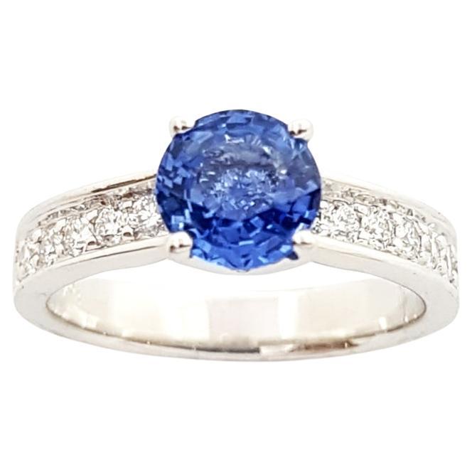 Blue Sapphire with Diamond Ring Set in 18k White Gold Settings For Sale