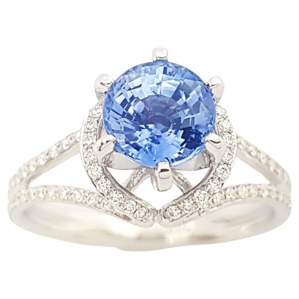 Blue Sapphire with Diamond Ring set in 18K White Gold Settings For Sale