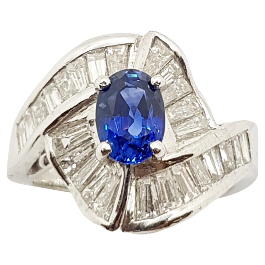Blue Sapphire with Diamond Ring Set in Platinum 900 Settings For Sale