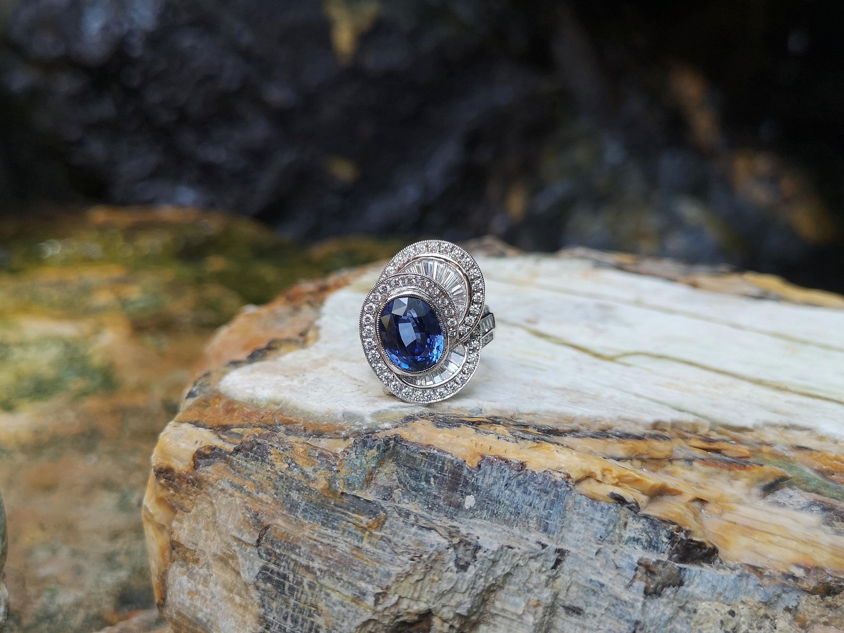 Blue Sapphire with Diamond Ring Set in Platinum 950 Settings For Sale 3