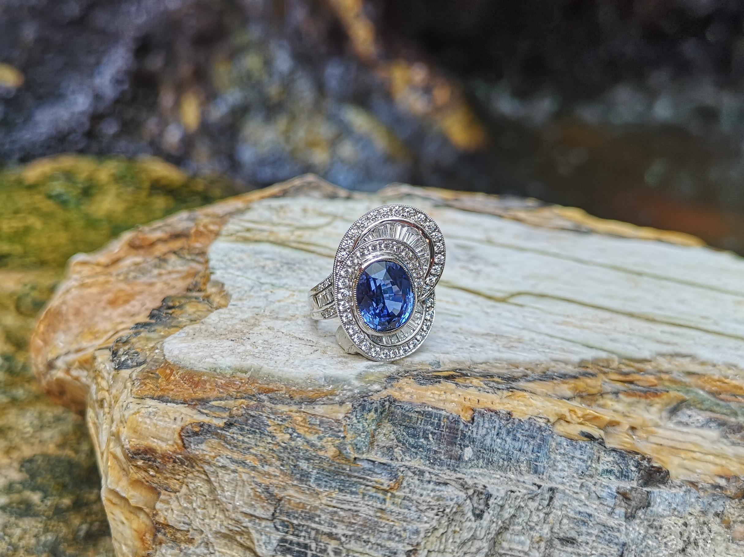 Blue Sapphire with Diamond Ring Set in Platinum 950 Settings For Sale 4