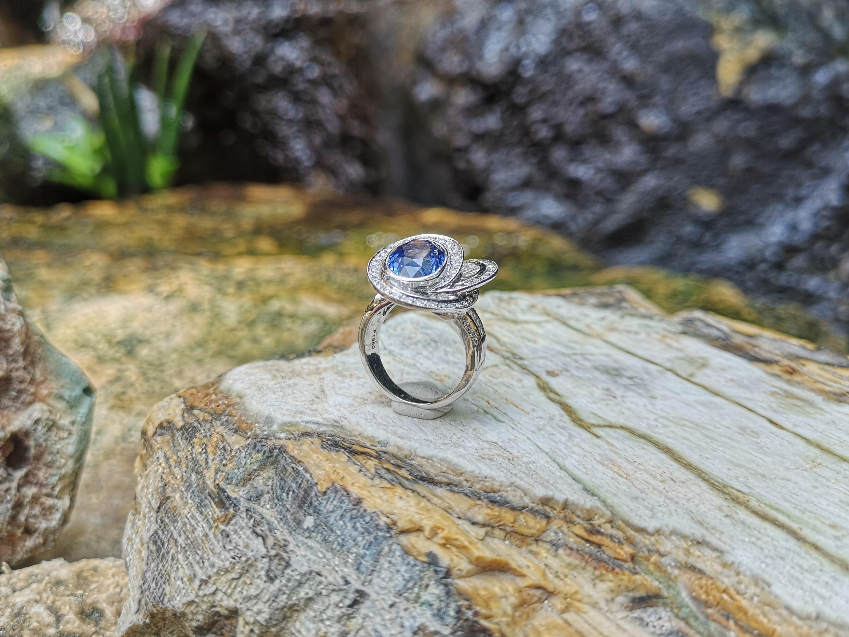 Blue Sapphire with Diamond Ring Set in Platinum 950 Settings For Sale 5