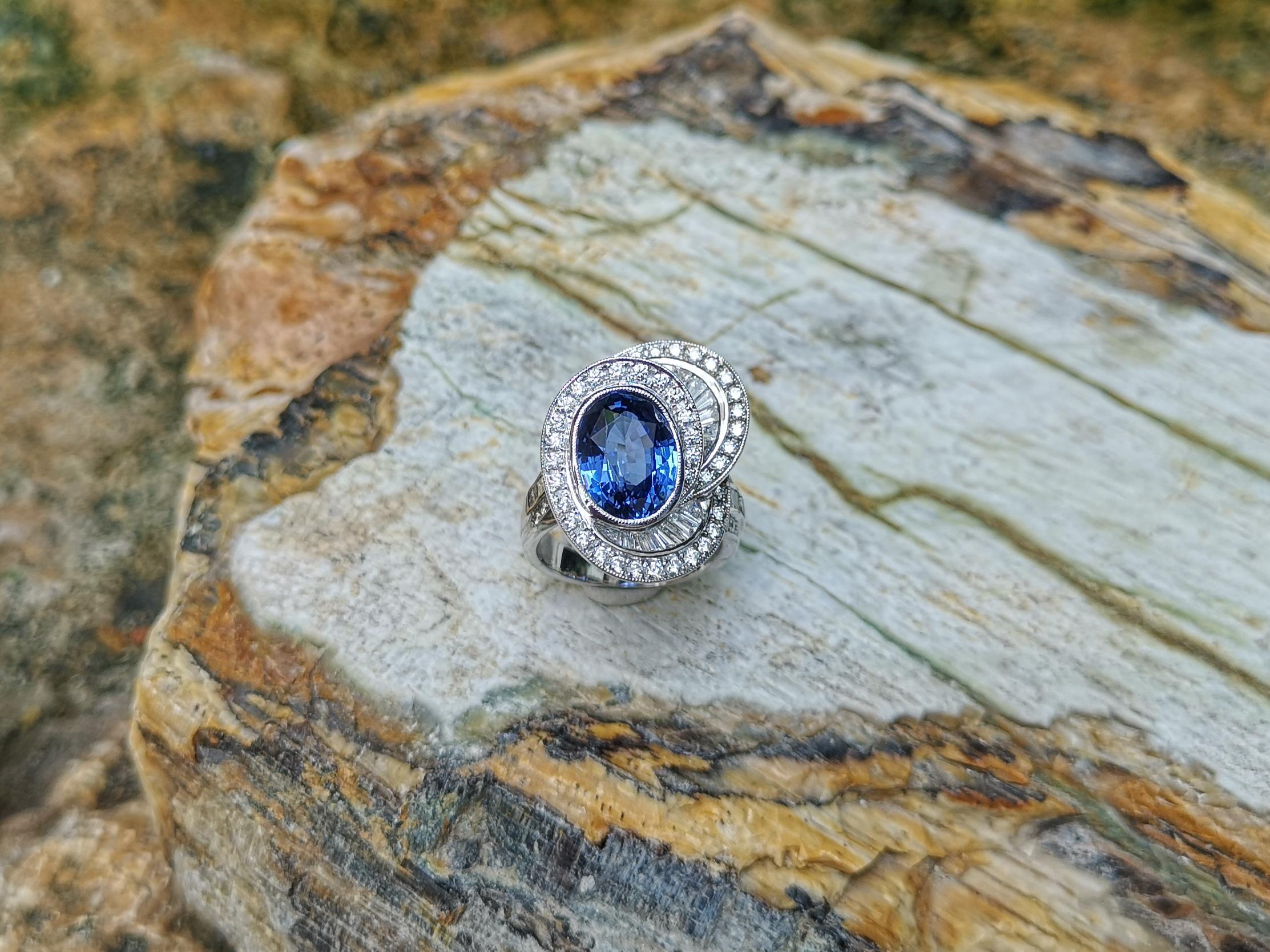 Blue Sapphire with Diamond Ring Set in Platinum 950 Settings For Sale 6