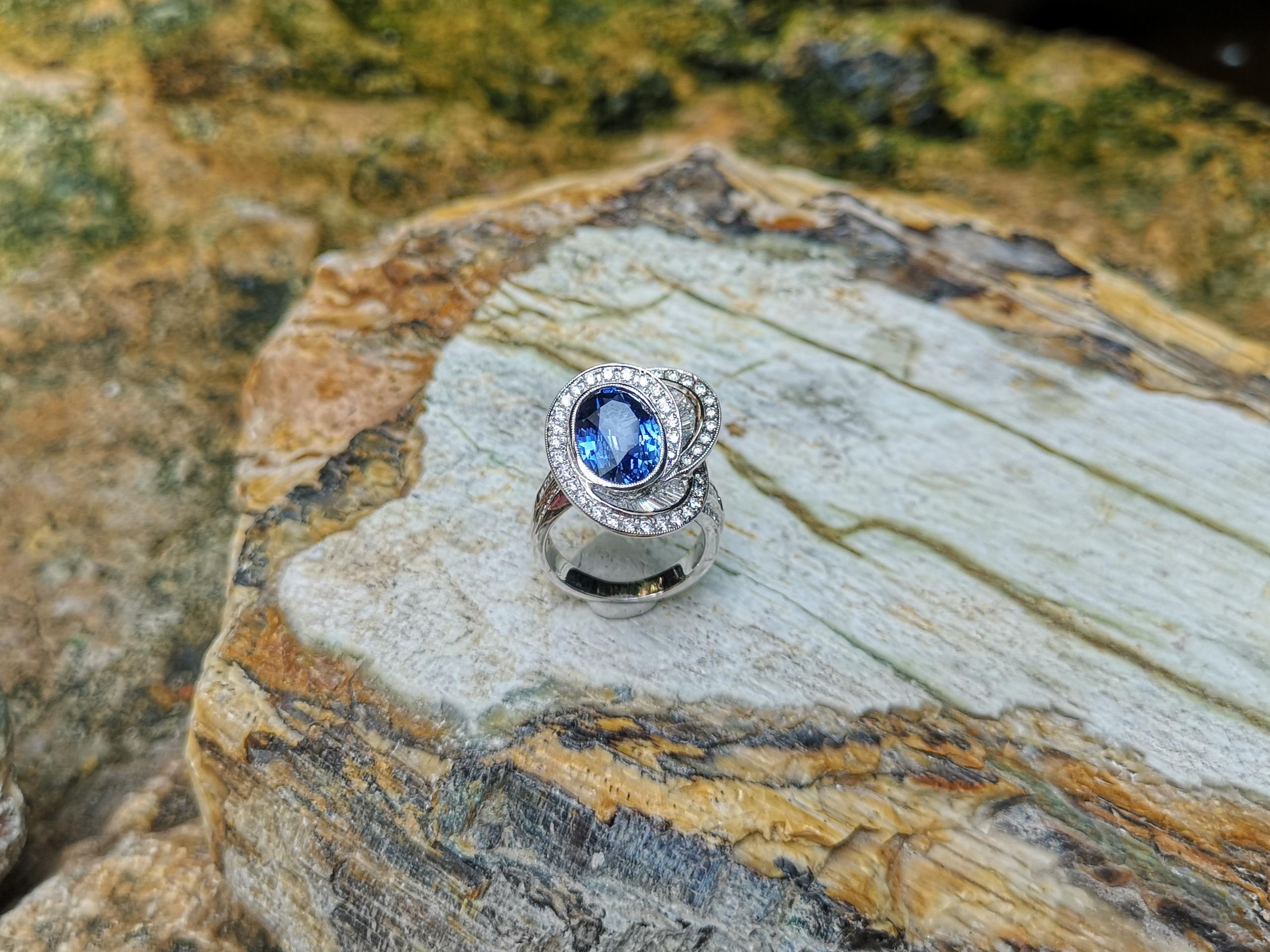 Blue Sapphire with Diamond Ring Set in Platinum 950 Settings For Sale 7
