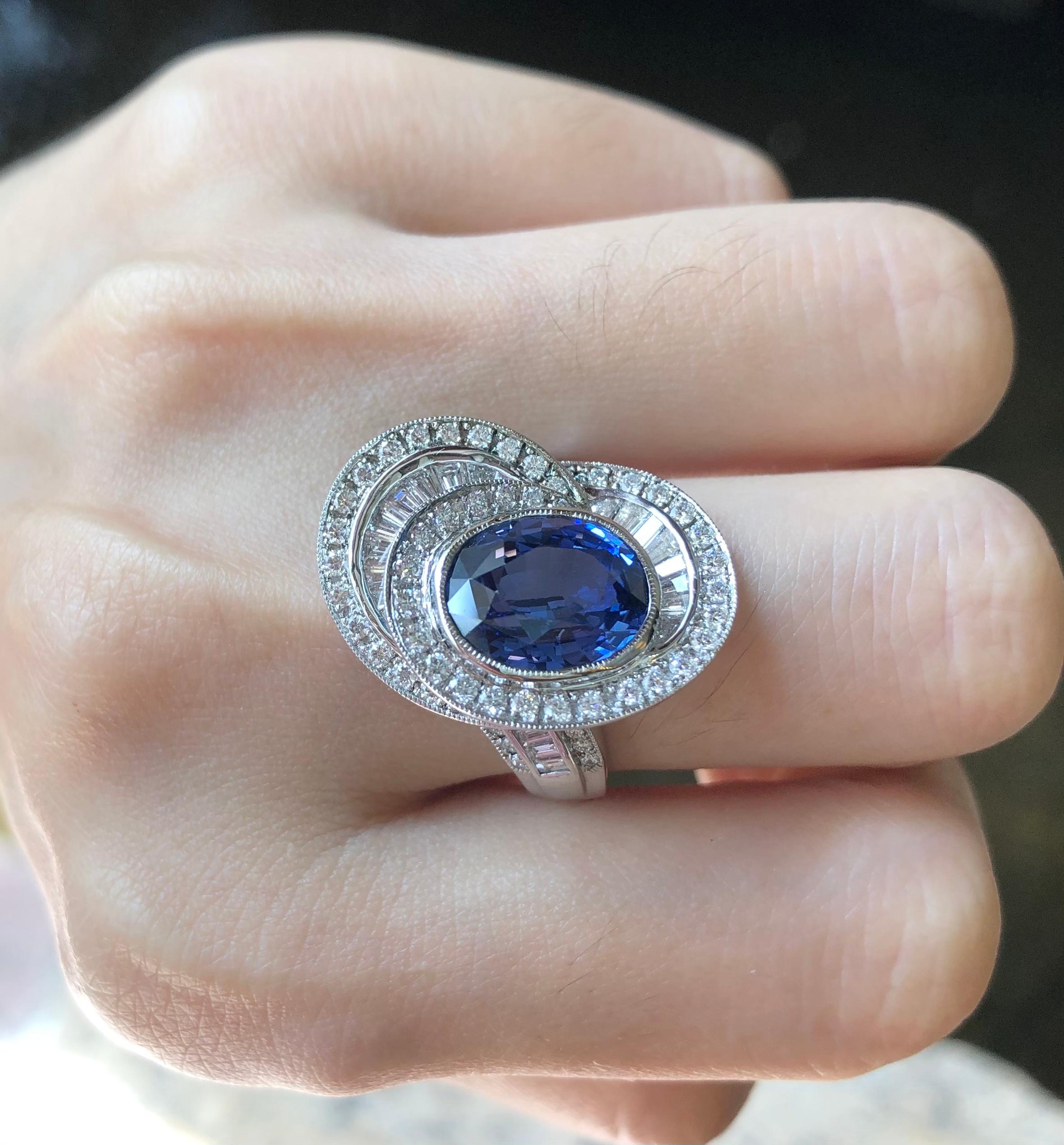 Oval Cut Blue Sapphire with Diamond Ring Set in Platinum 950 Settings For Sale