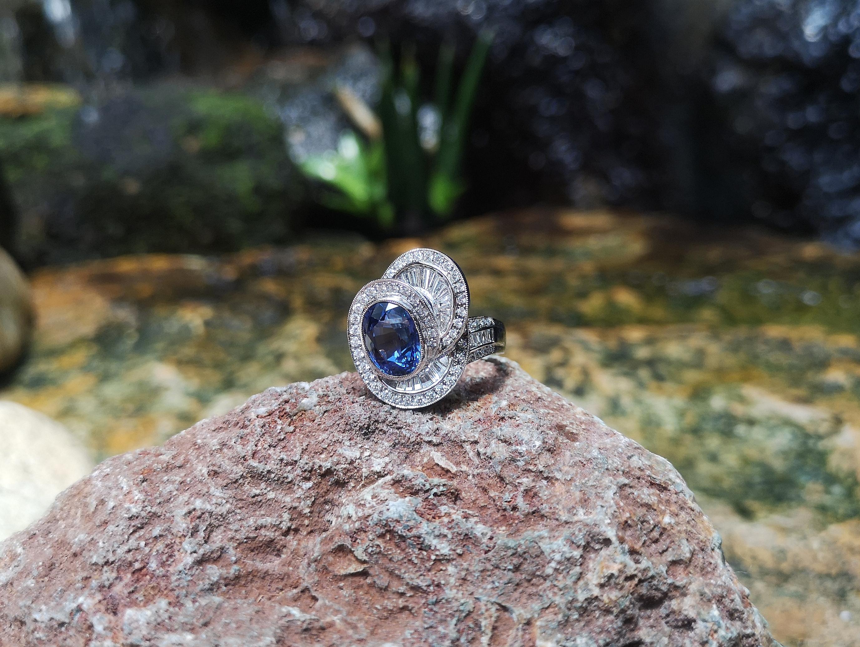 Blue Sapphire with Diamond Ring Set in Platinum 950 Settings For Sale 1