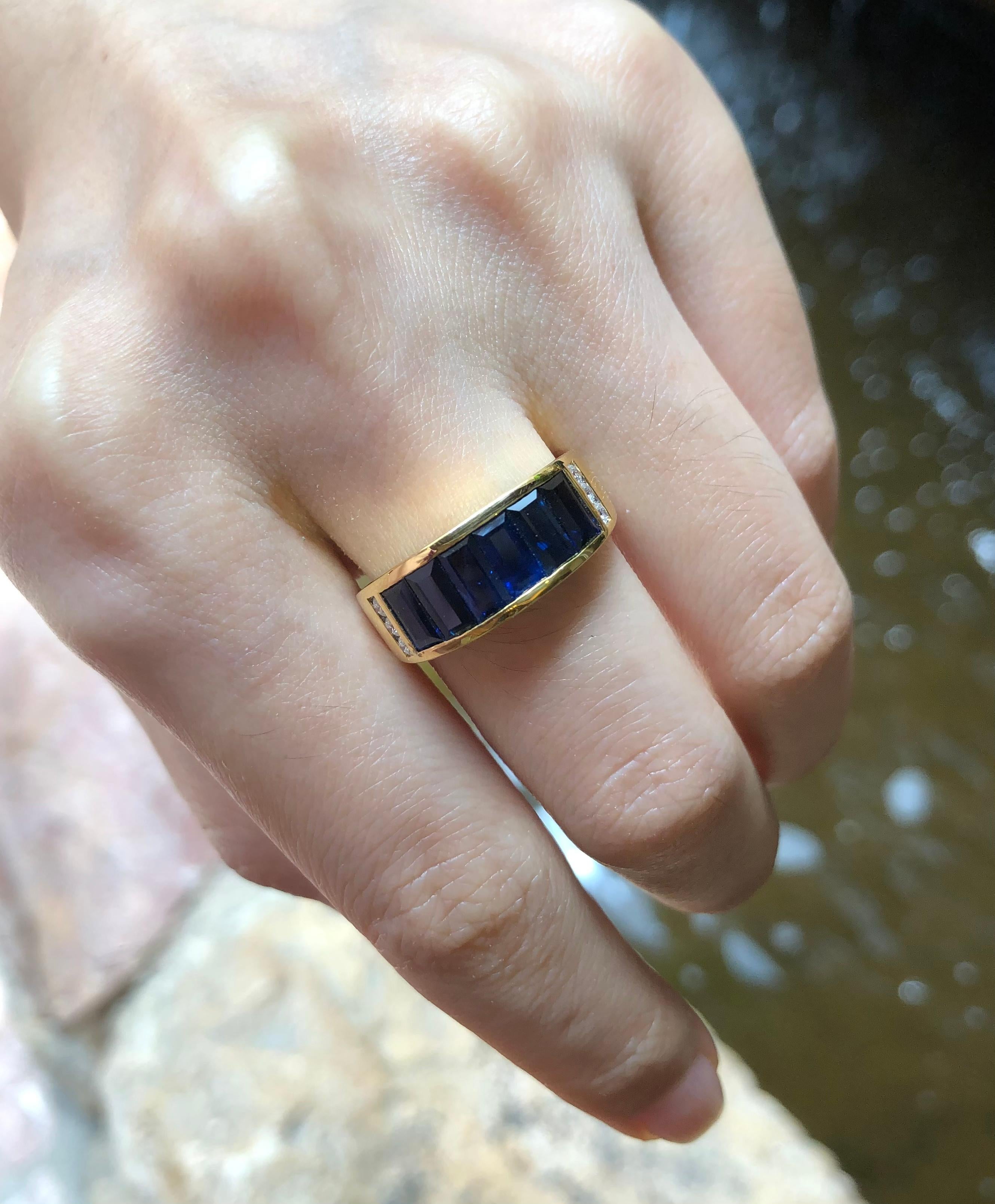 Baguette Cut Blue Sapphire with Diamond Rings Set in 18 Karat Gold Set For Sale